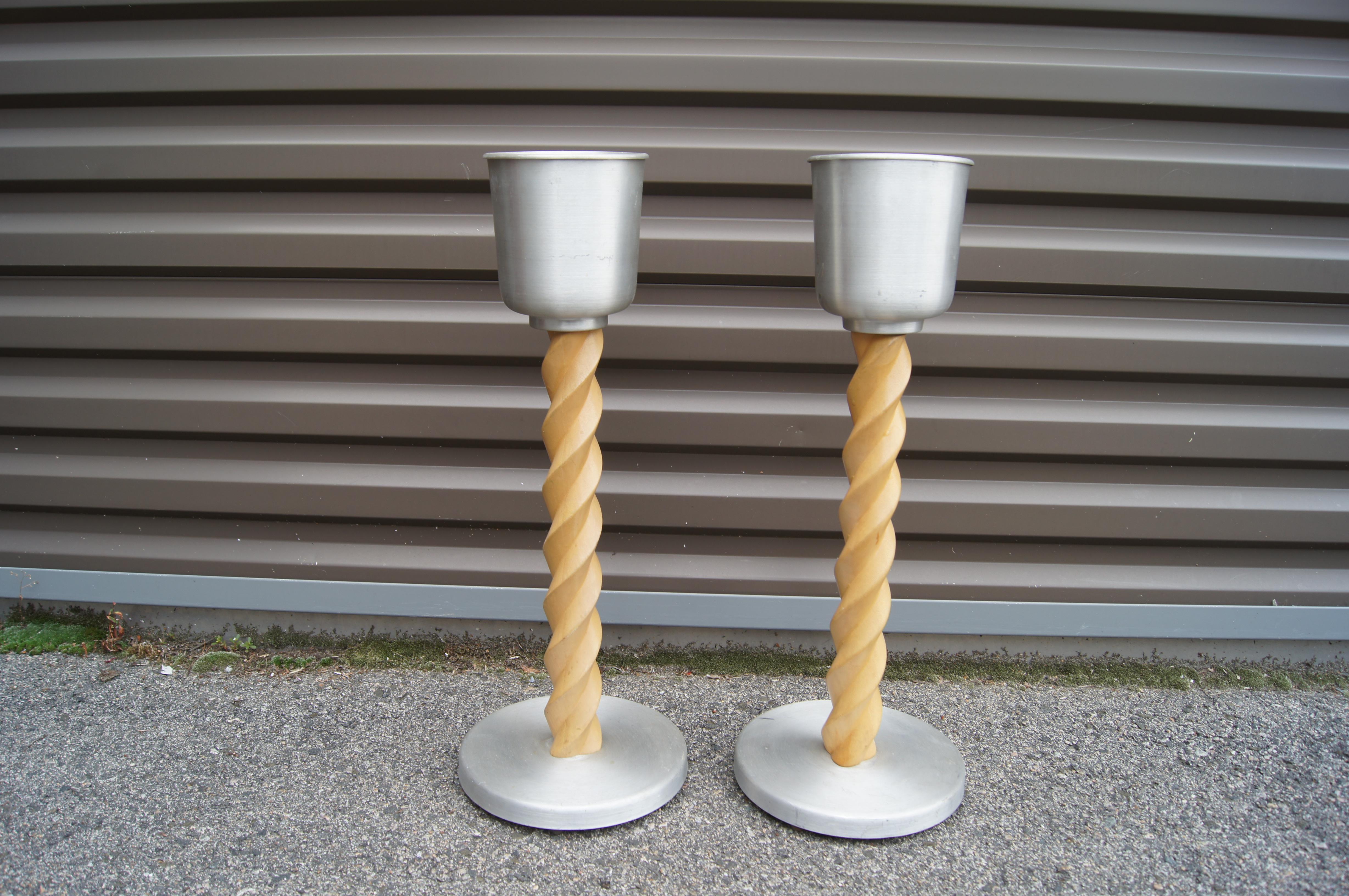 Machine Age Pair of Spun Aluminum & Turned Oak Ashtray Stands, Attributed to Russel Wright For Sale