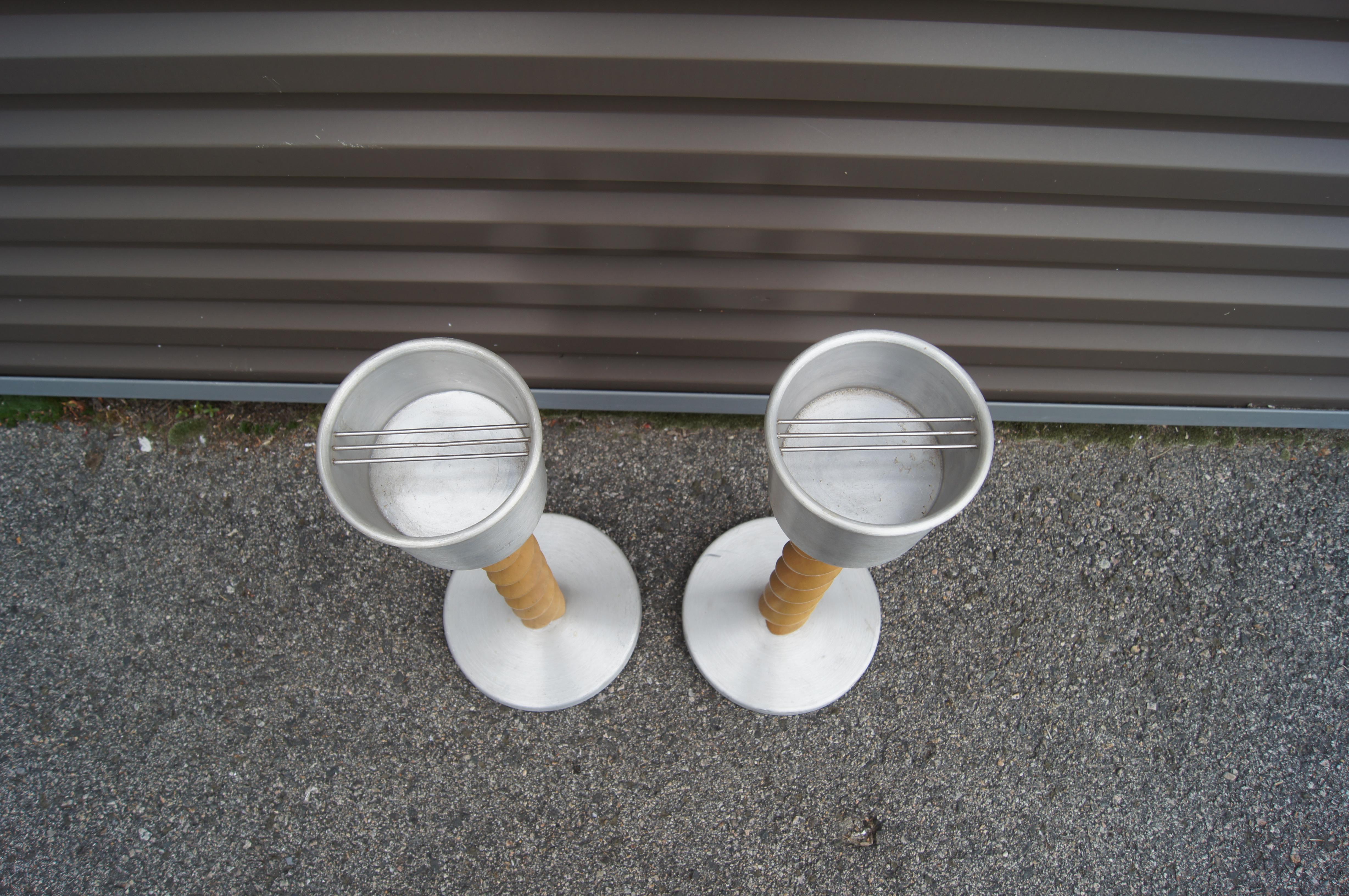 American Pair of Spun Aluminum & Turned Oak Ashtray Stands, Attributed to Russel Wright For Sale