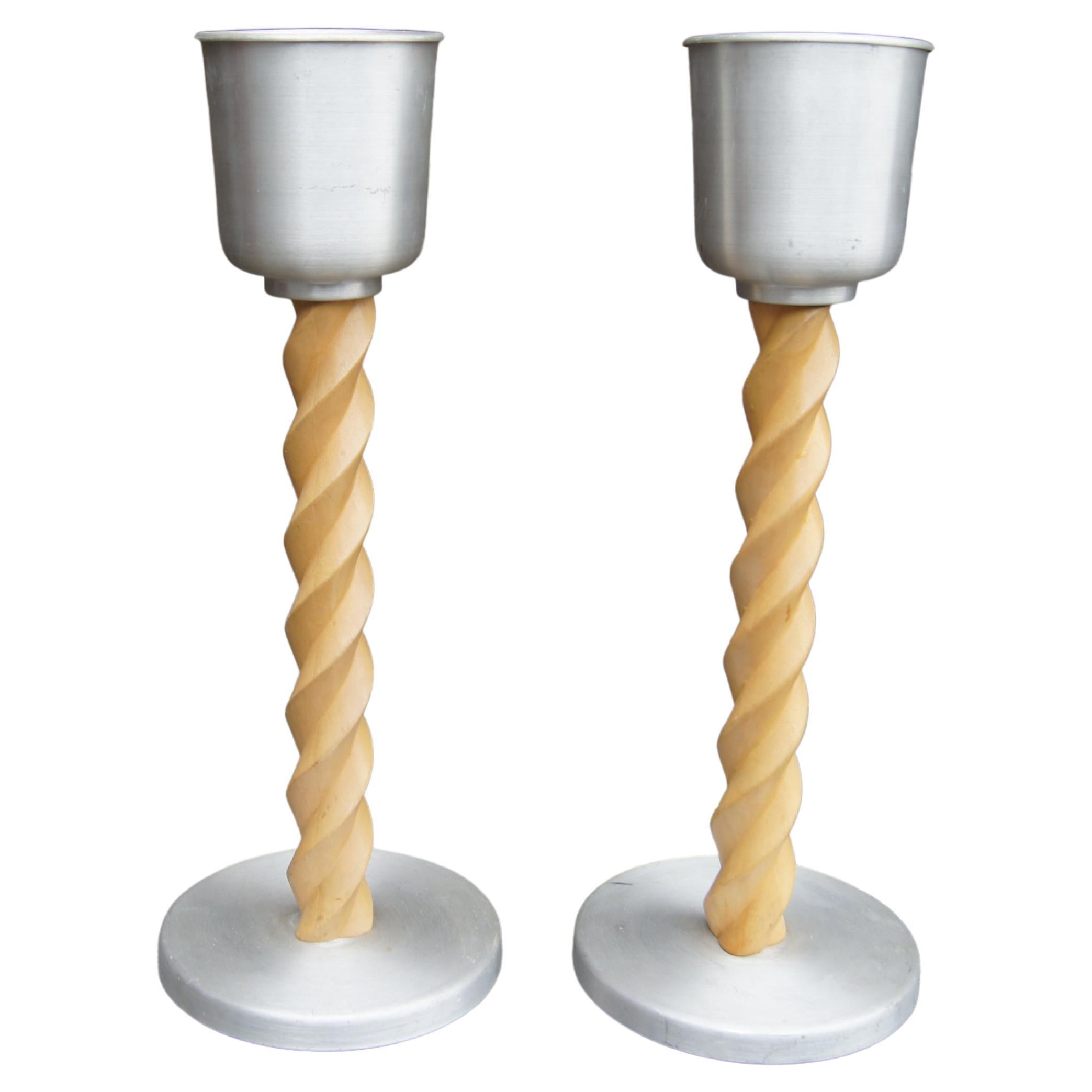 Pair of Spun Aluminum & Turned Oak Ashtray Stands, Attributed to Russel Wright For Sale