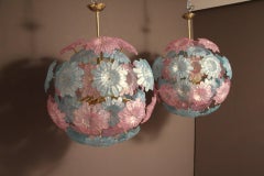 Pair of Sputnik Chandelier with Murano Glass Blue and Pink Flowers