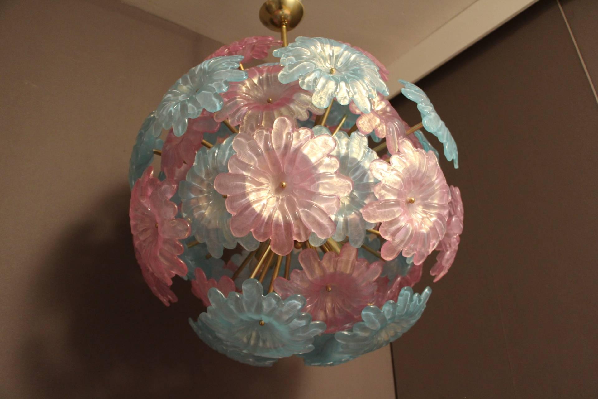 Late 20th Century Pair of Sputnik Chandelier with Murano Glass Blue and Pink Flowers