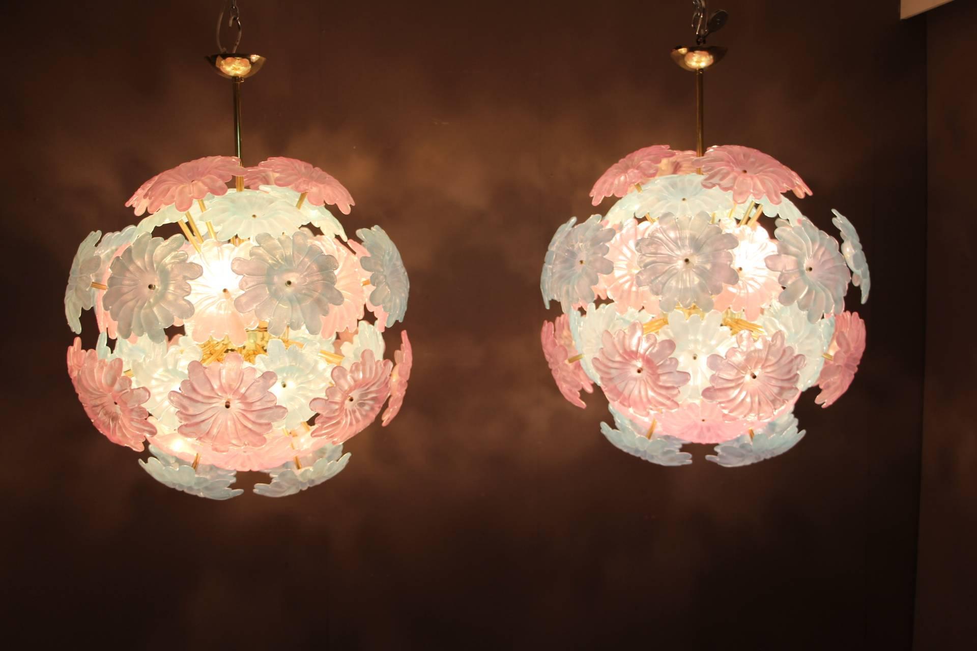 Pair of Sputnik Chandelier with Murano Glass Blue and Pink Flowers 2