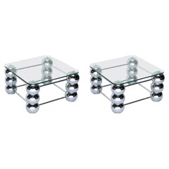 Pair of Square 1970s Chrome Side Tables with Glass Top