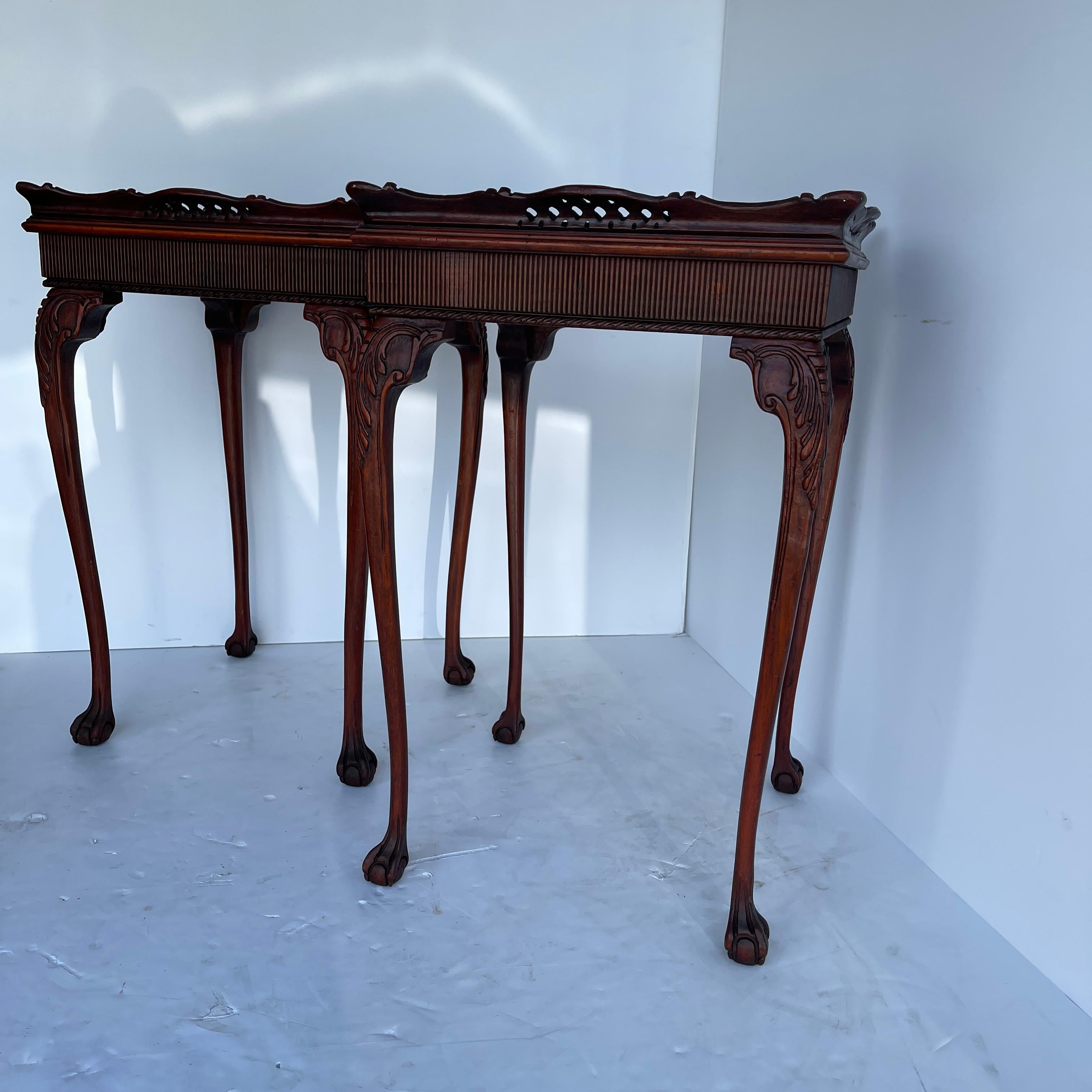 Carved Pair of Square 19th Century Chinese Chippendale Side Tables