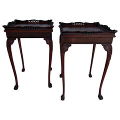 Antique Pair of Square 19th Century Chinese Chippendale Side Tables