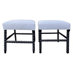Antique Pair of Square Ebonized Bobbin Stools, 19th Century