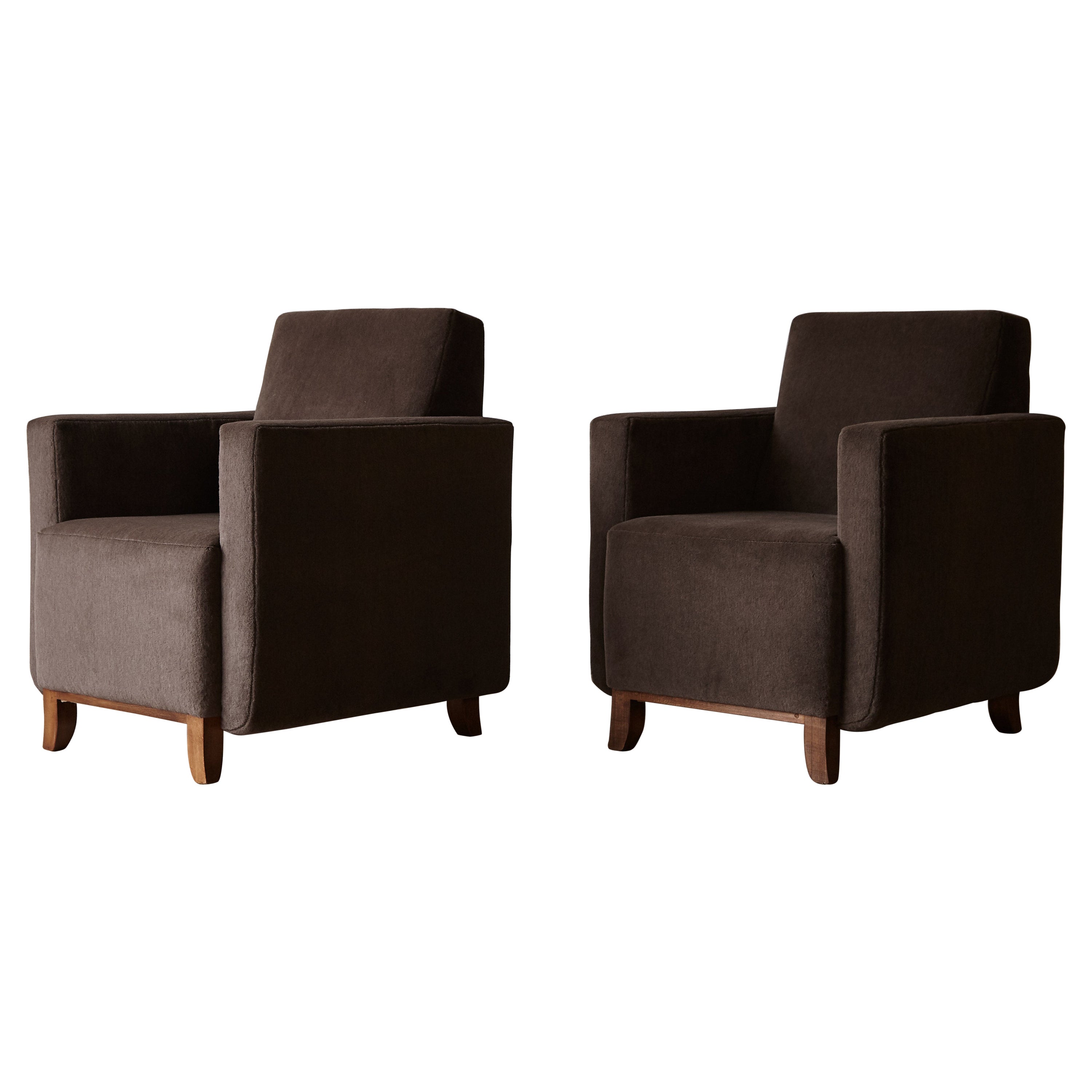 Pair of Square Armed Club Chairs, Upholstered in Pure Alpaca For Sale