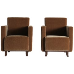 Pair of Square Armed Club Chairs, Upholstered in Pure Mohair