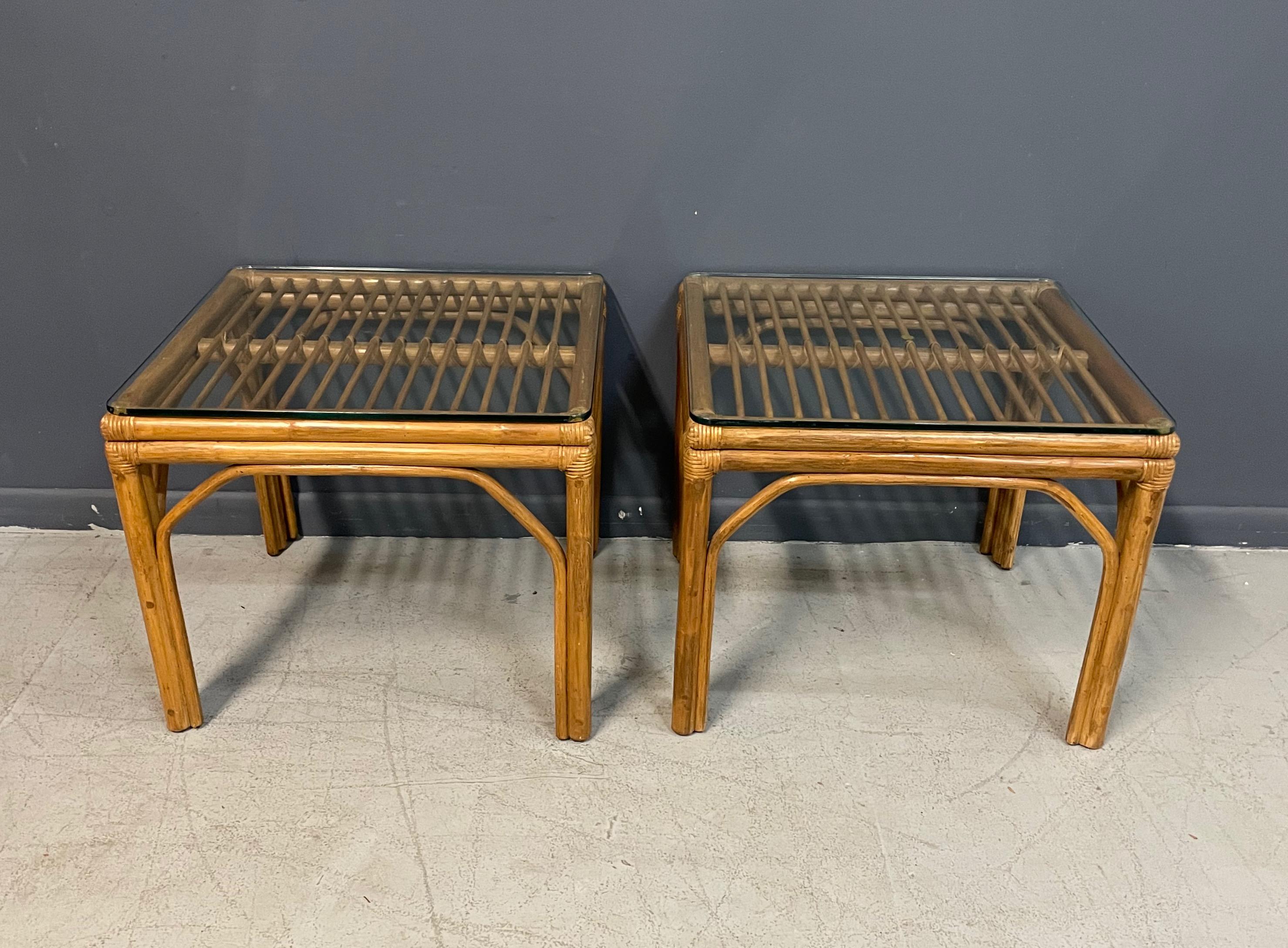 Pair of Square Bamboo Side or End Tables with Glass Tops Mid Century 3