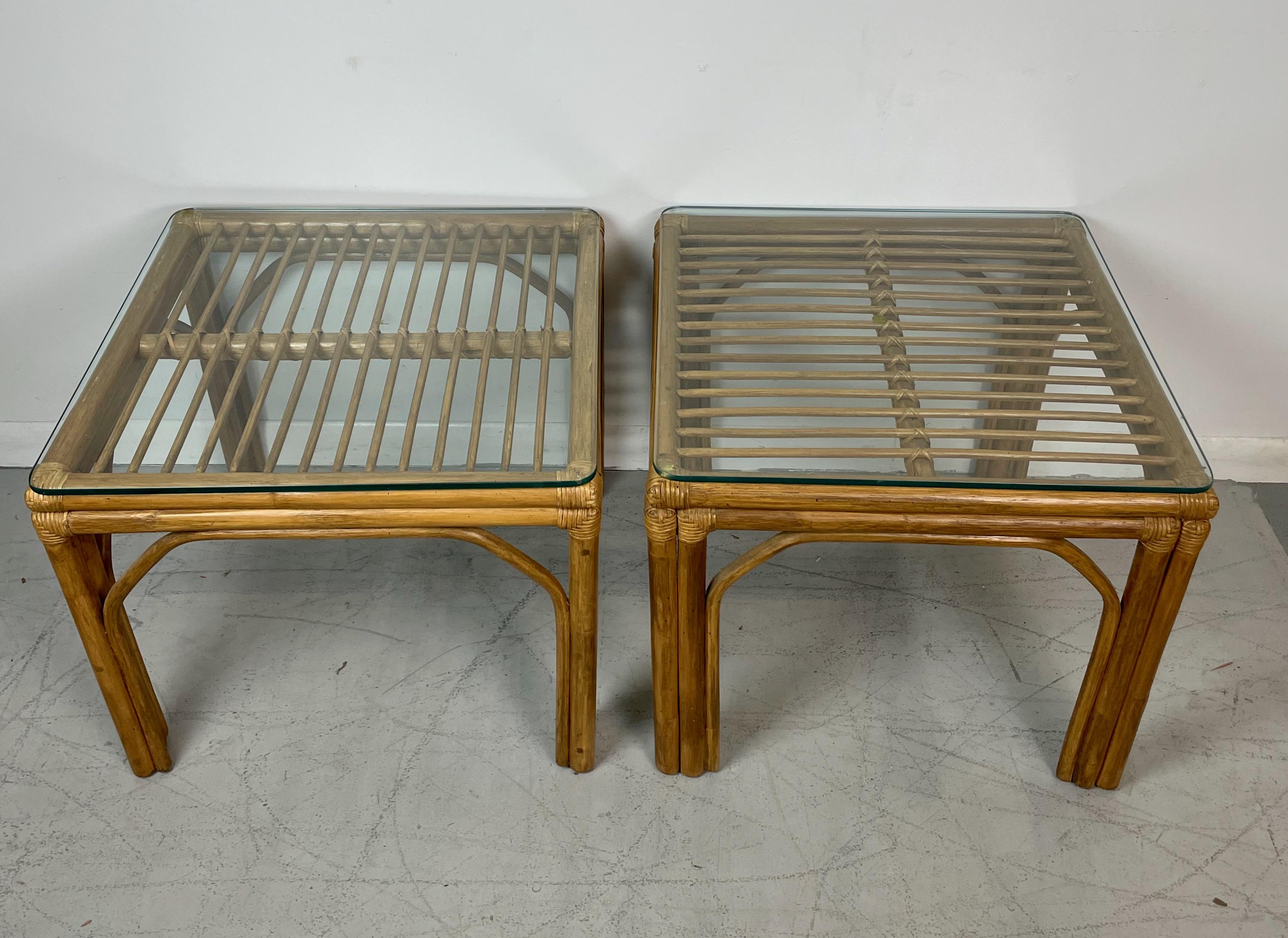 Pair of very versatile bamboo side tables that will work in a number of rooms and situations. These tables can be paired with many different styles and decors.