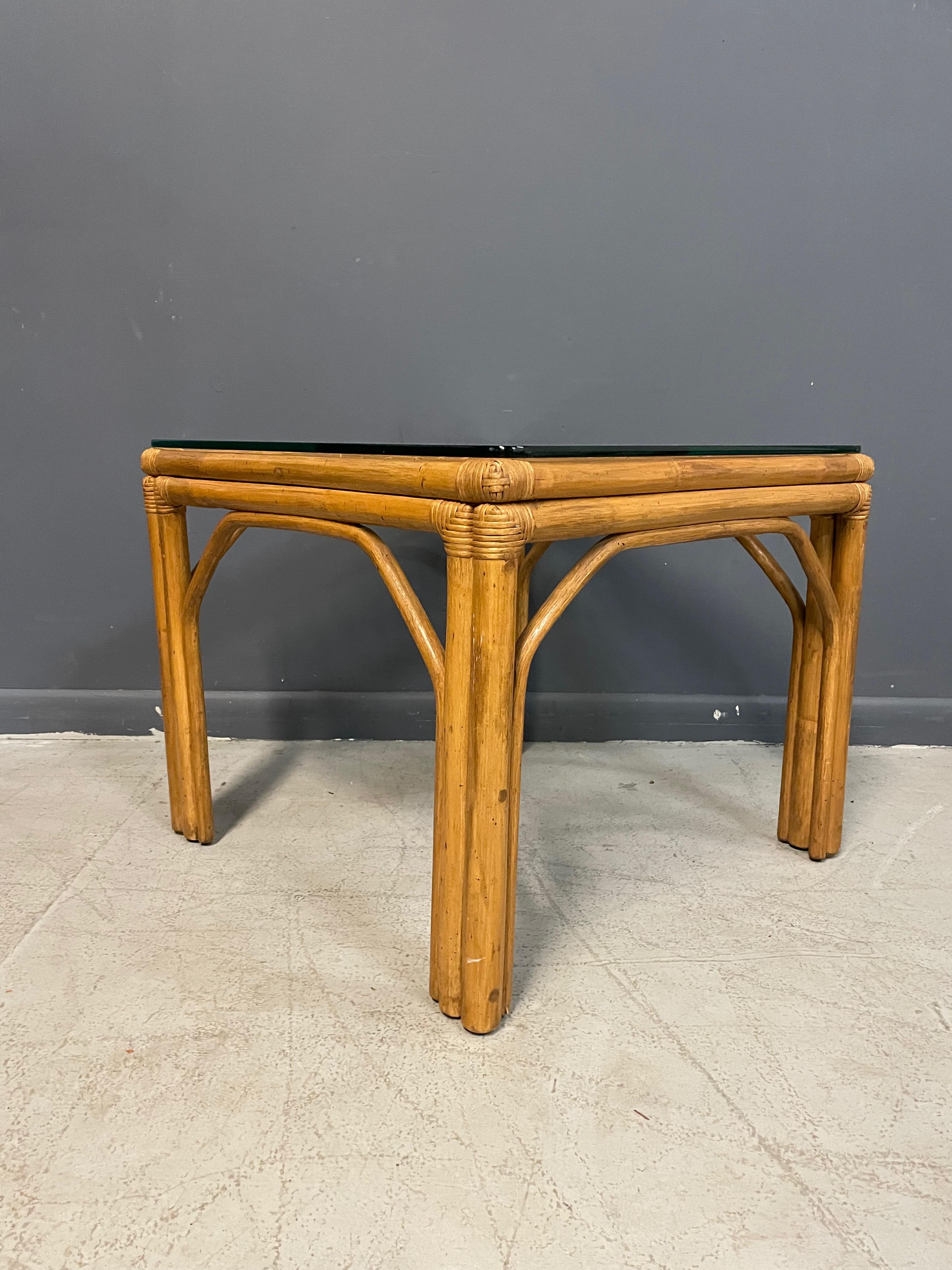 Mid-Century Modern Pair of Square Bamboo Side or End Tables with Glass Tops Mid Century