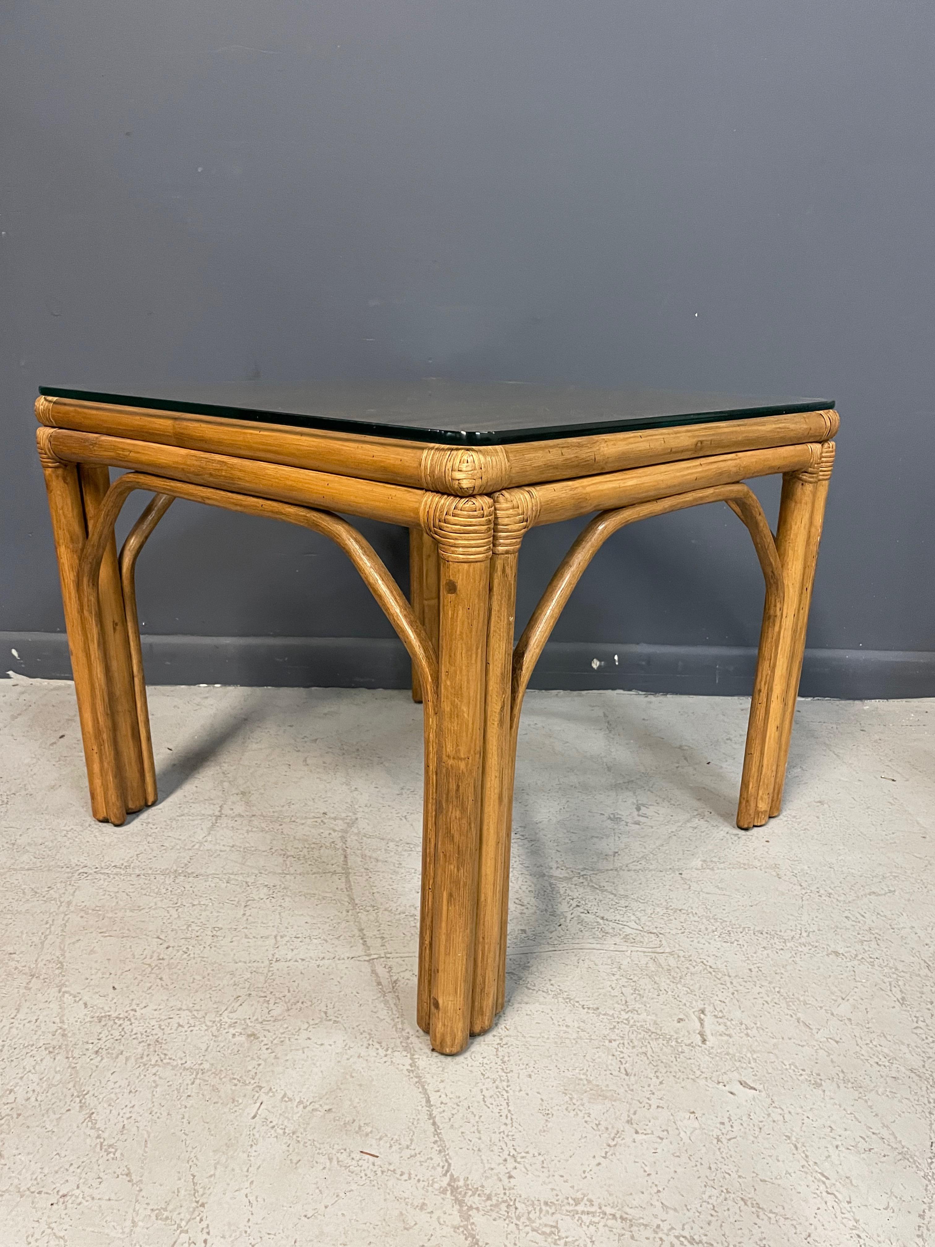 North American Pair of Square Bamboo Side or End Tables with Glass Tops Mid Century