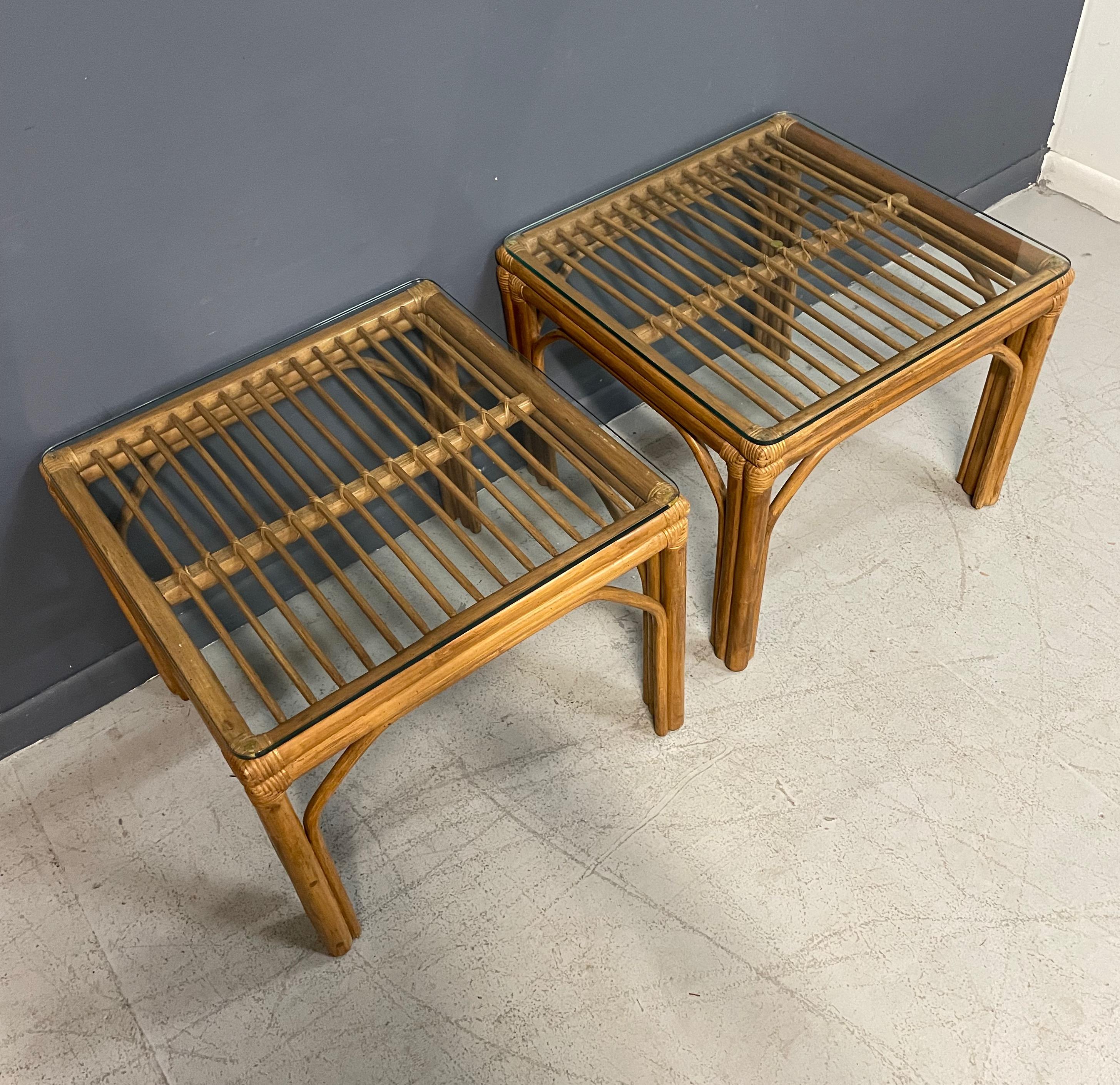 Pair of Square Bamboo Side or End Tables with Glass Tops Mid Century In Good Condition In Philadelphia, PA