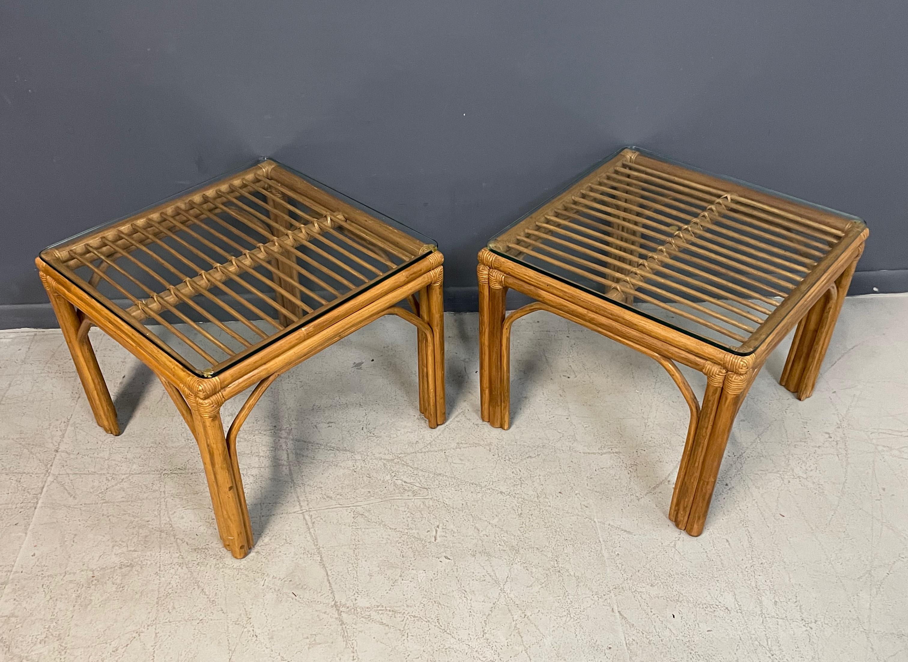 Pair of Square Bamboo Side or End Tables with Glass Tops Mid Century 2