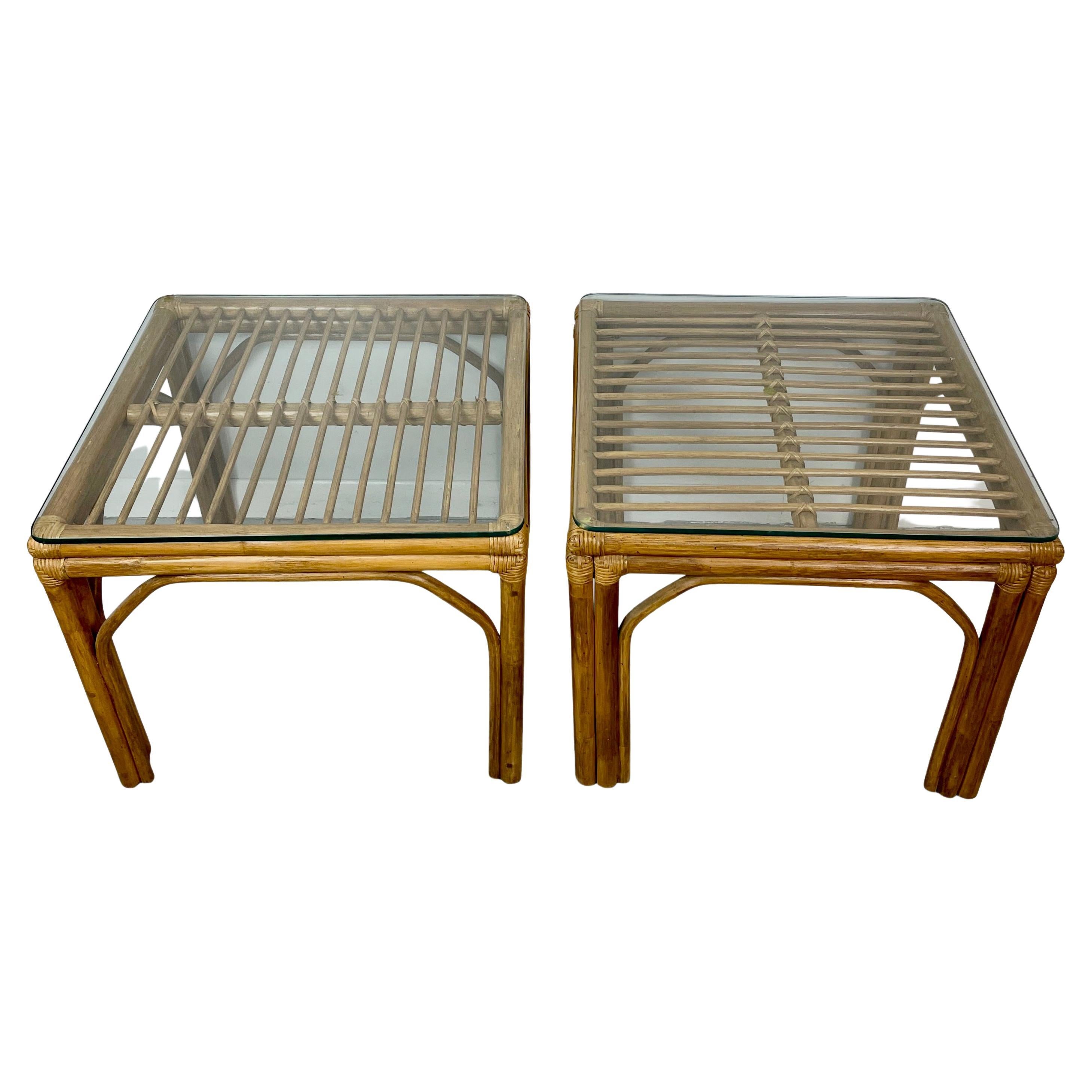 Pair of Square Bamboo Side or End Tables with Glass Tops Mid Century