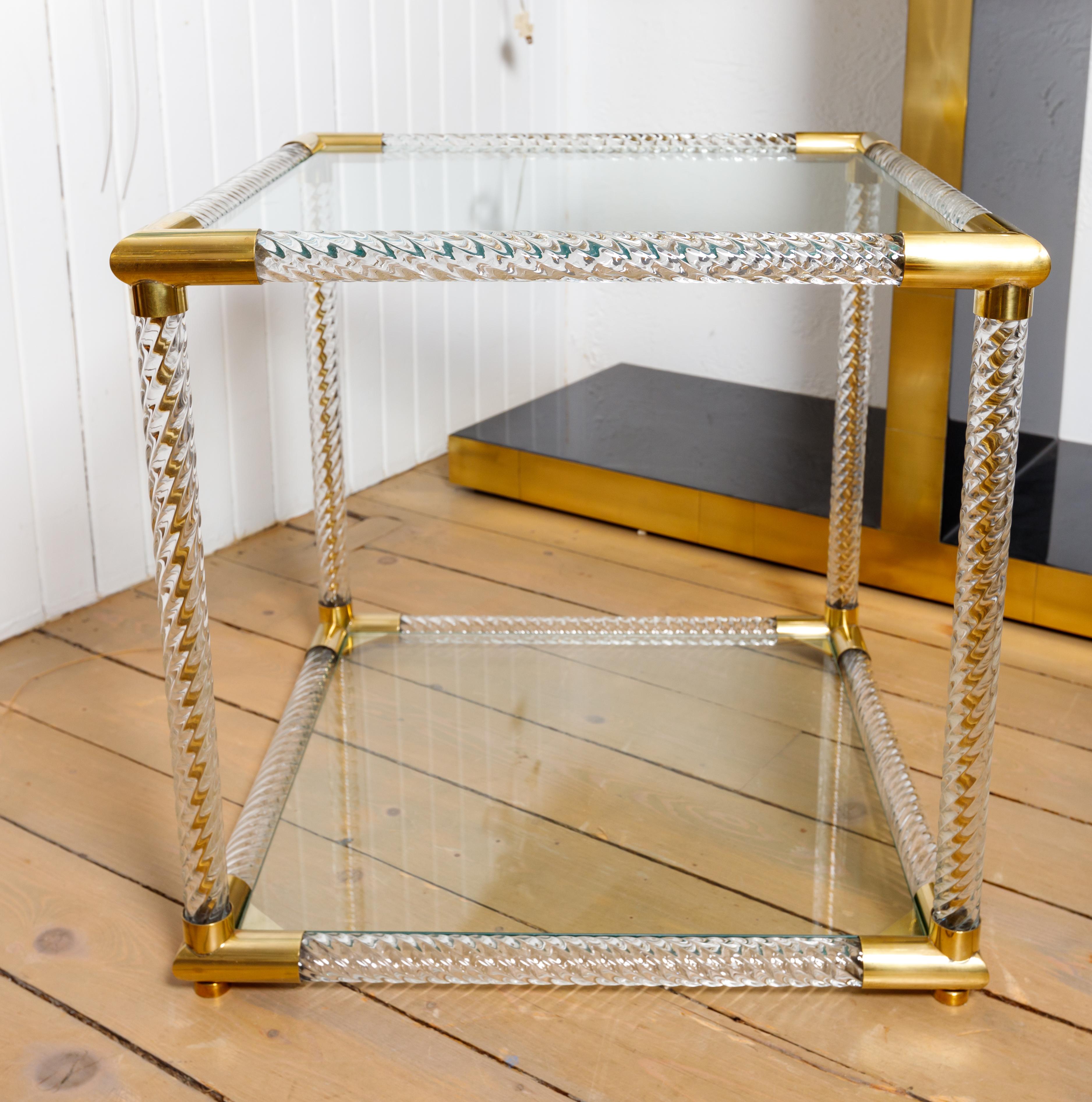 Italian Pair of Square Base, Fluted Murano Glass Two Tier Side Tables For Sale