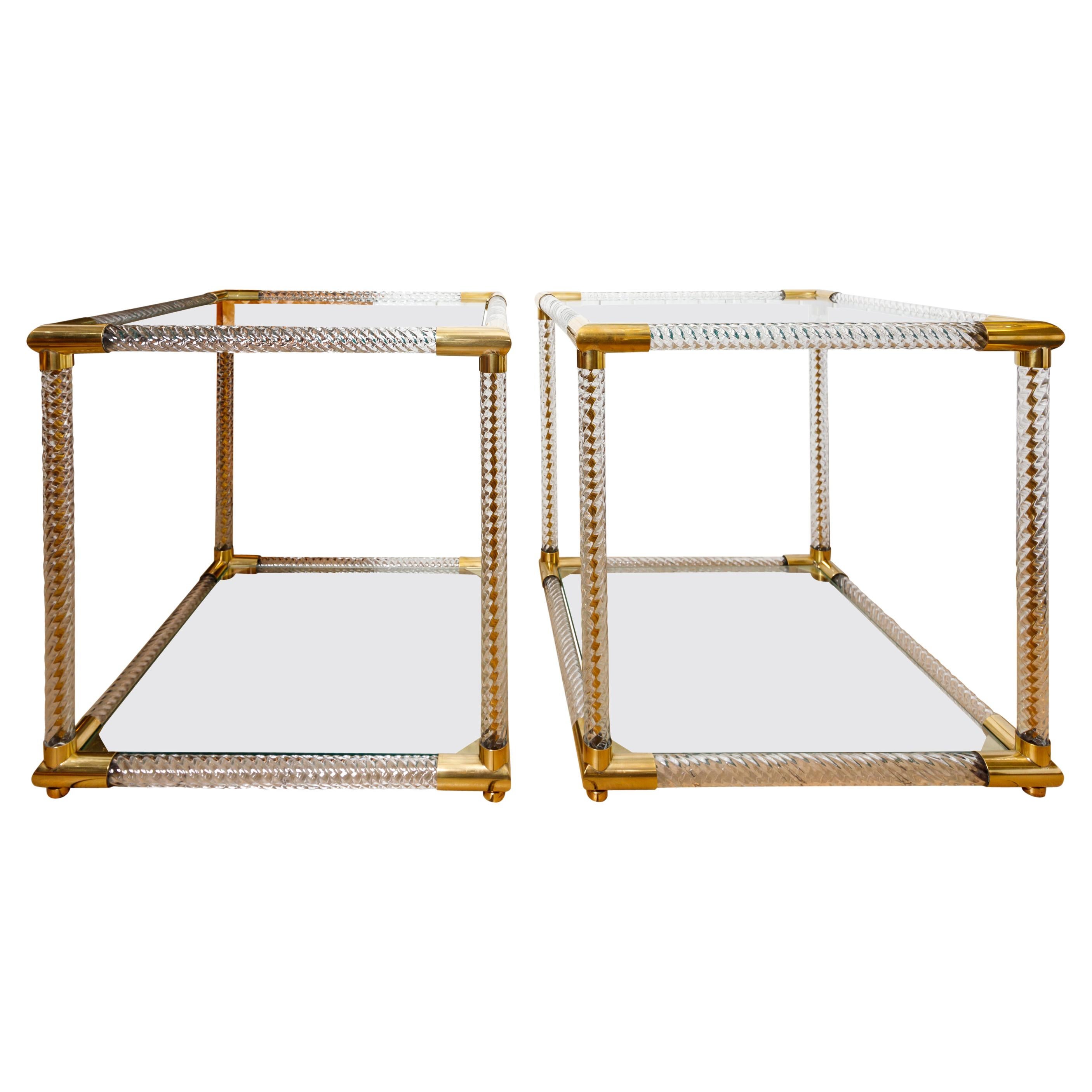 Pair of Square Base, Fluted Murano Glass Two Tier Side Tables