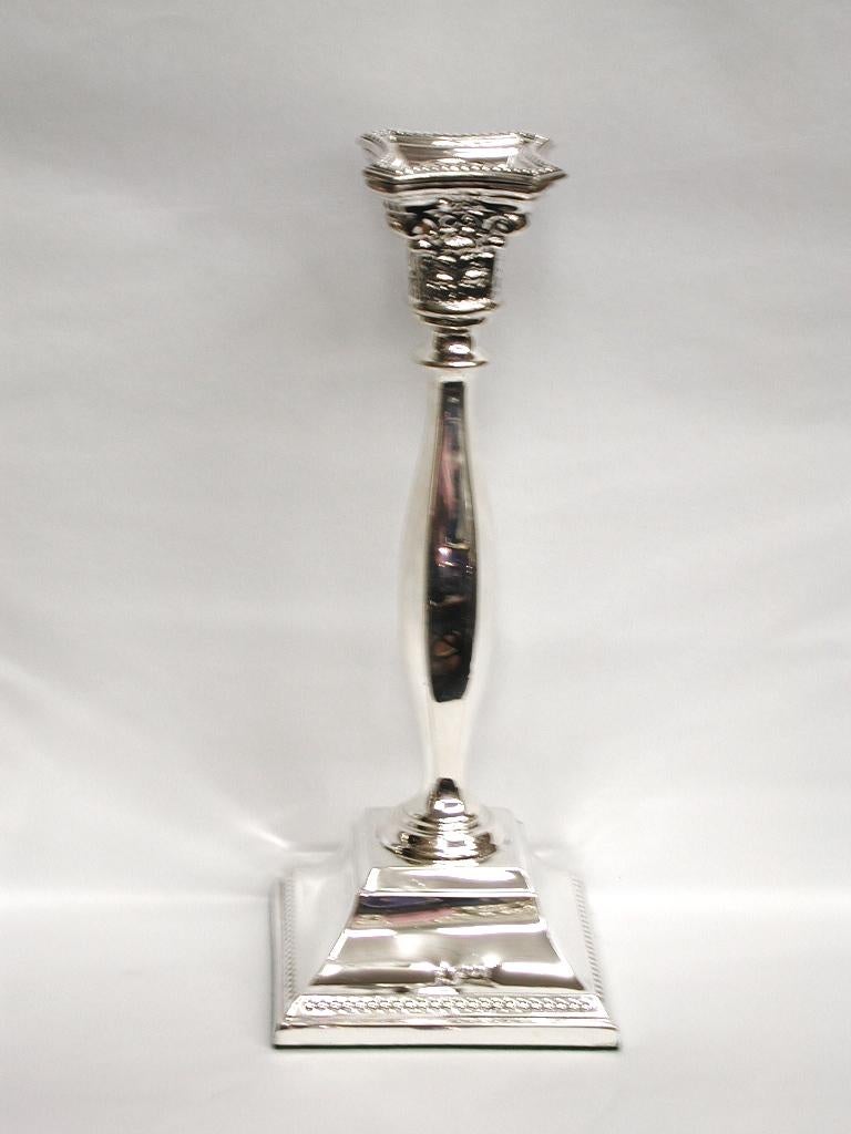 George IV Pair of Square Base Silver Candlesticks Dated 1965, London, Made by David Shure