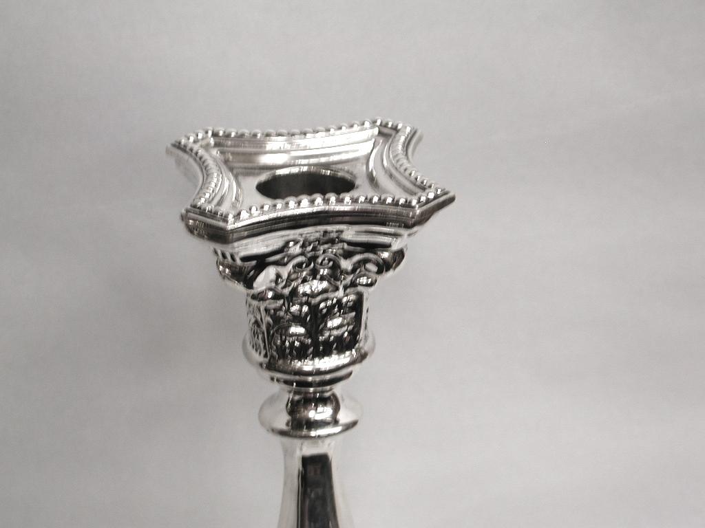 English Pair of Square Base Silver Candlesticks Dated 1965, London, Made by David Shure