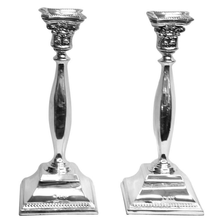Pair of Square Base Silver Candlesticks Dated 1965, London, Made by David Shure