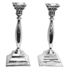 Vintage Pair of Square Base Silver Candlesticks Dated 1965, London, Made by David Shure