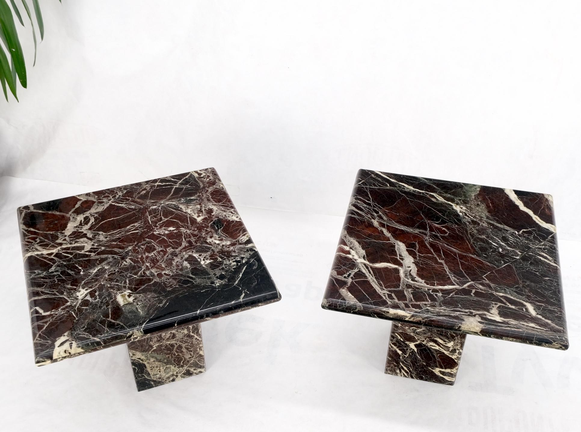Pair of Square Black & Dark Red & White Veins Marble Side End Tables Stands Mint For Sale 3
