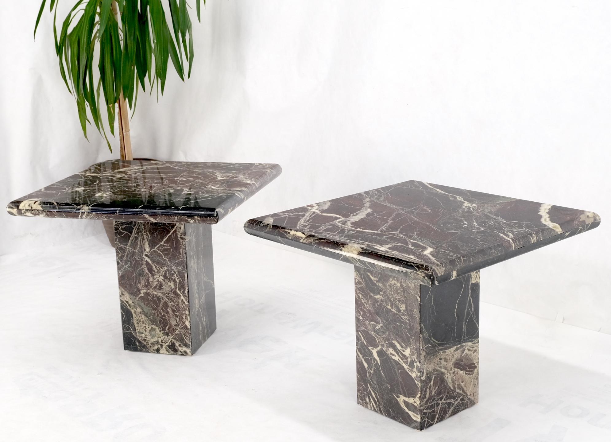 Pair of Square Black & Dark Red & White Veins Marble Side End Tables Stands Mint For Sale 1