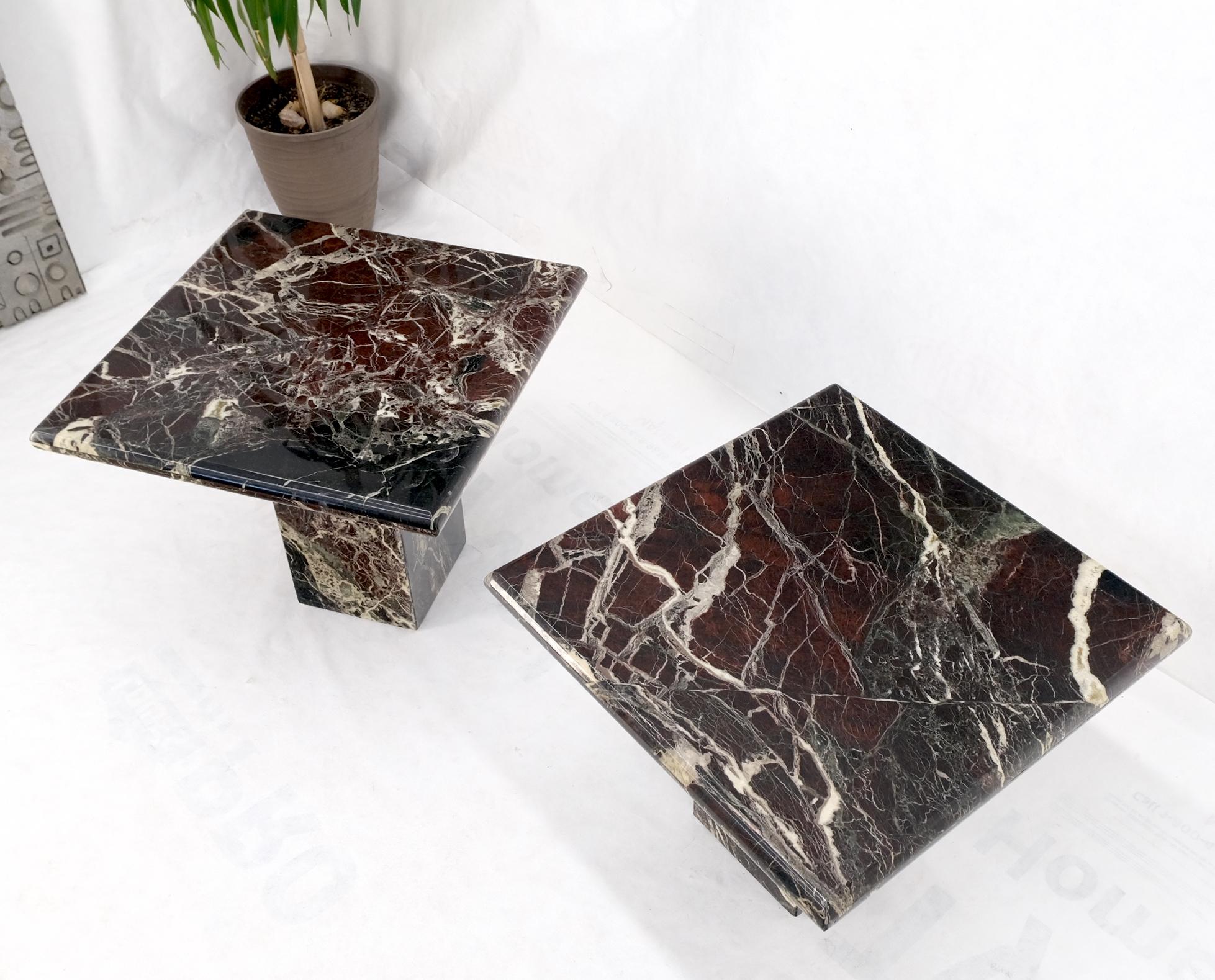Pair of Square Black & Dark Red & White Veins Marble Side End Tables Stands Mint For Sale 2