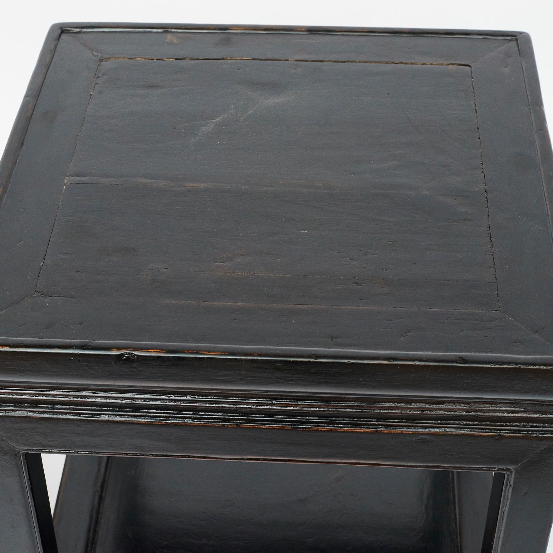 Art Deco Pair of Square Black Lacquer End or Side Tables with Shelves, Beijing, 1910-1920