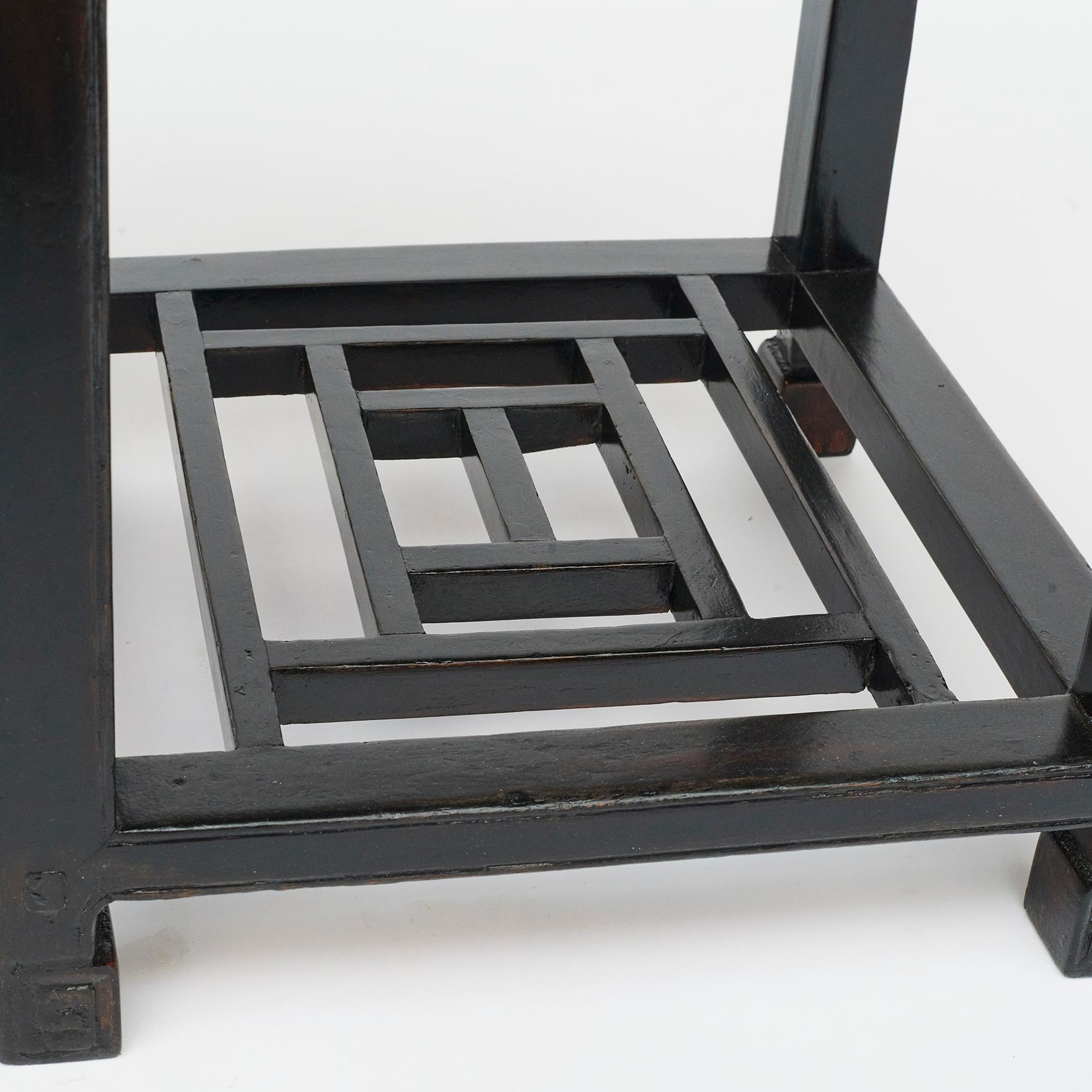 Chinese Pair of Square Black Lacquer End or Side Tables with Shelves, Beijing, 1910-1920