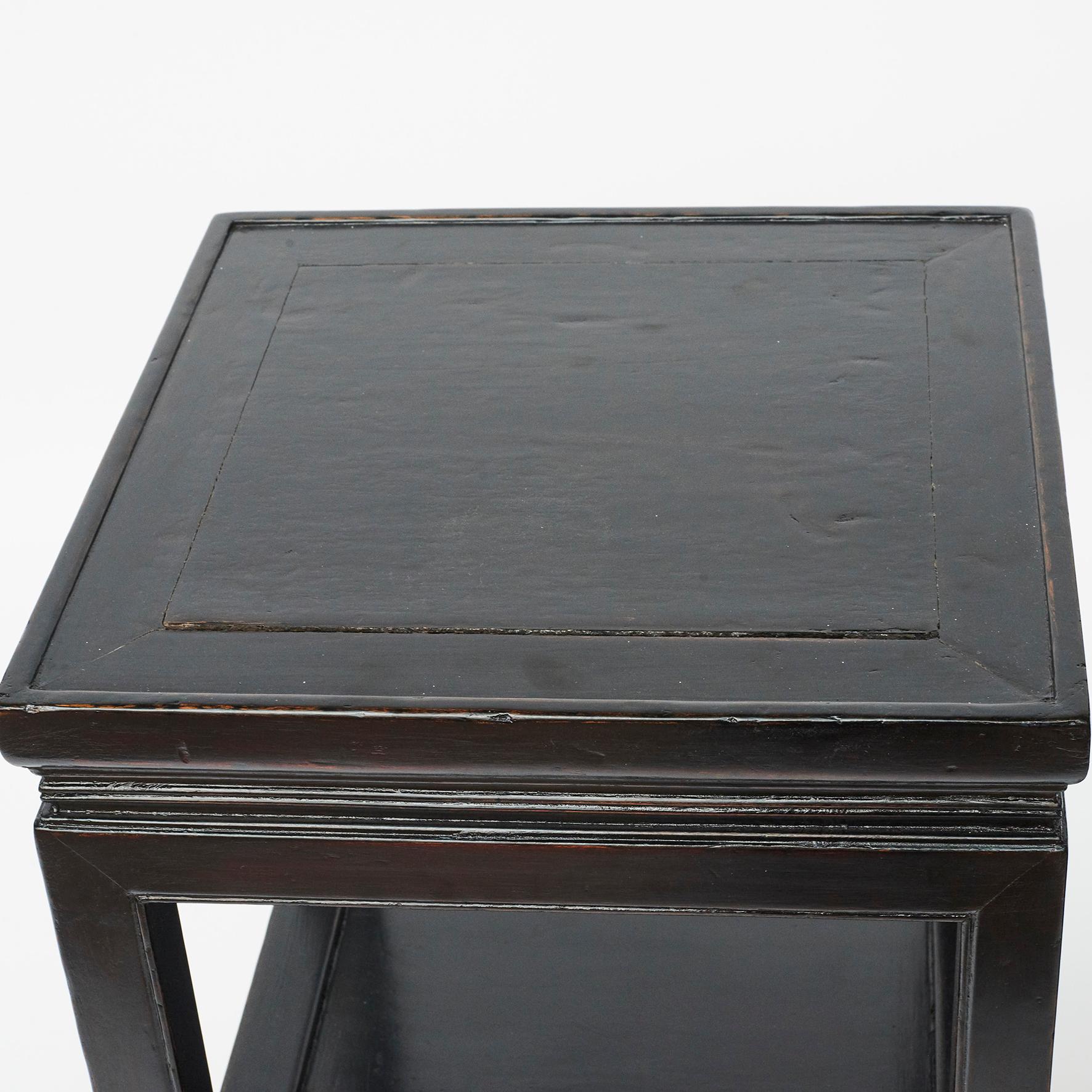 Wood Pair of Square Black Lacquer End or Side Tables with Shelves, Beijing, 1910-1920