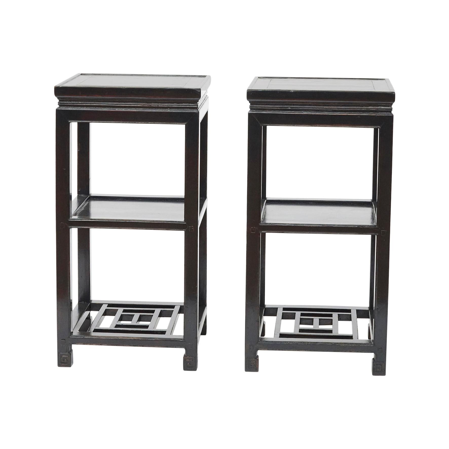 Pair of Square Black Lacquer End or Side Tables with Shelves, Beijing, 1910-1920