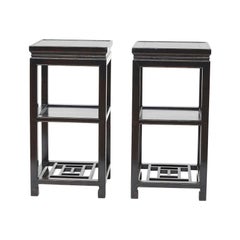 Antique Pair of Square Black Lacquer End or Side Tables with Shelves, Beijing, 1910-1920