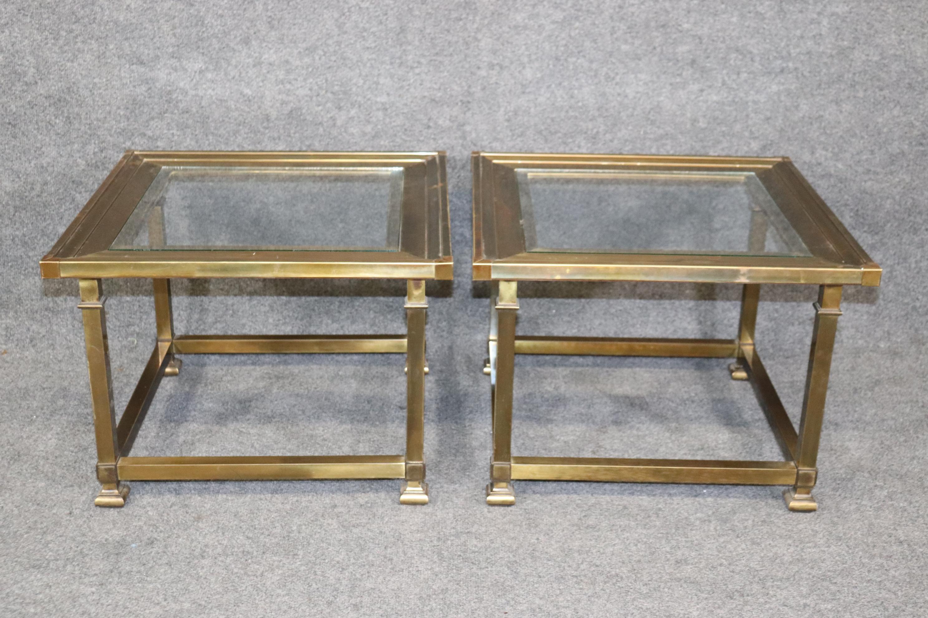 Mid-Century Modern Pair of Square Brass And Glass Top Mastercraft End Tables Side Tables For Sale