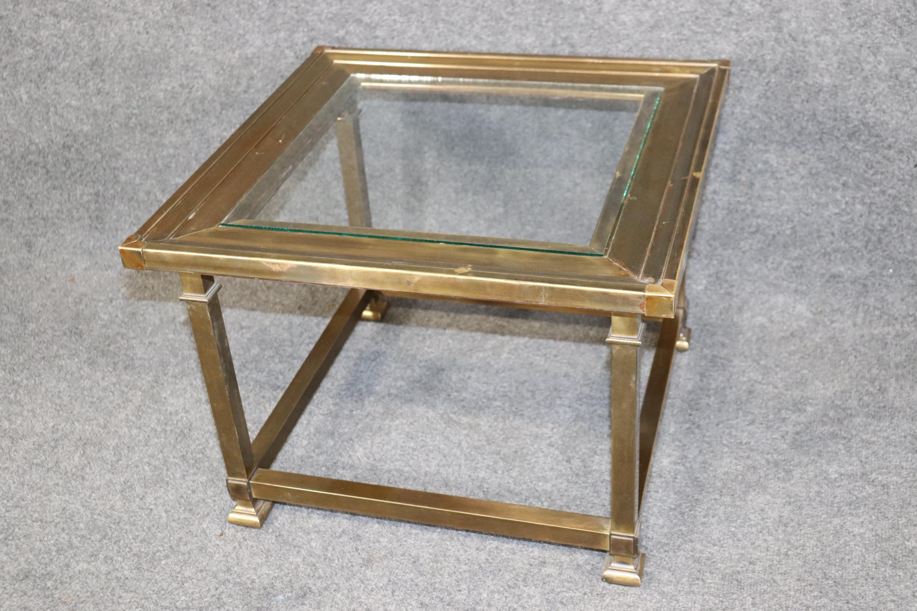 Cast Pair of Square Brass And Glass Top Mastercraft End Tables Side Tables For Sale