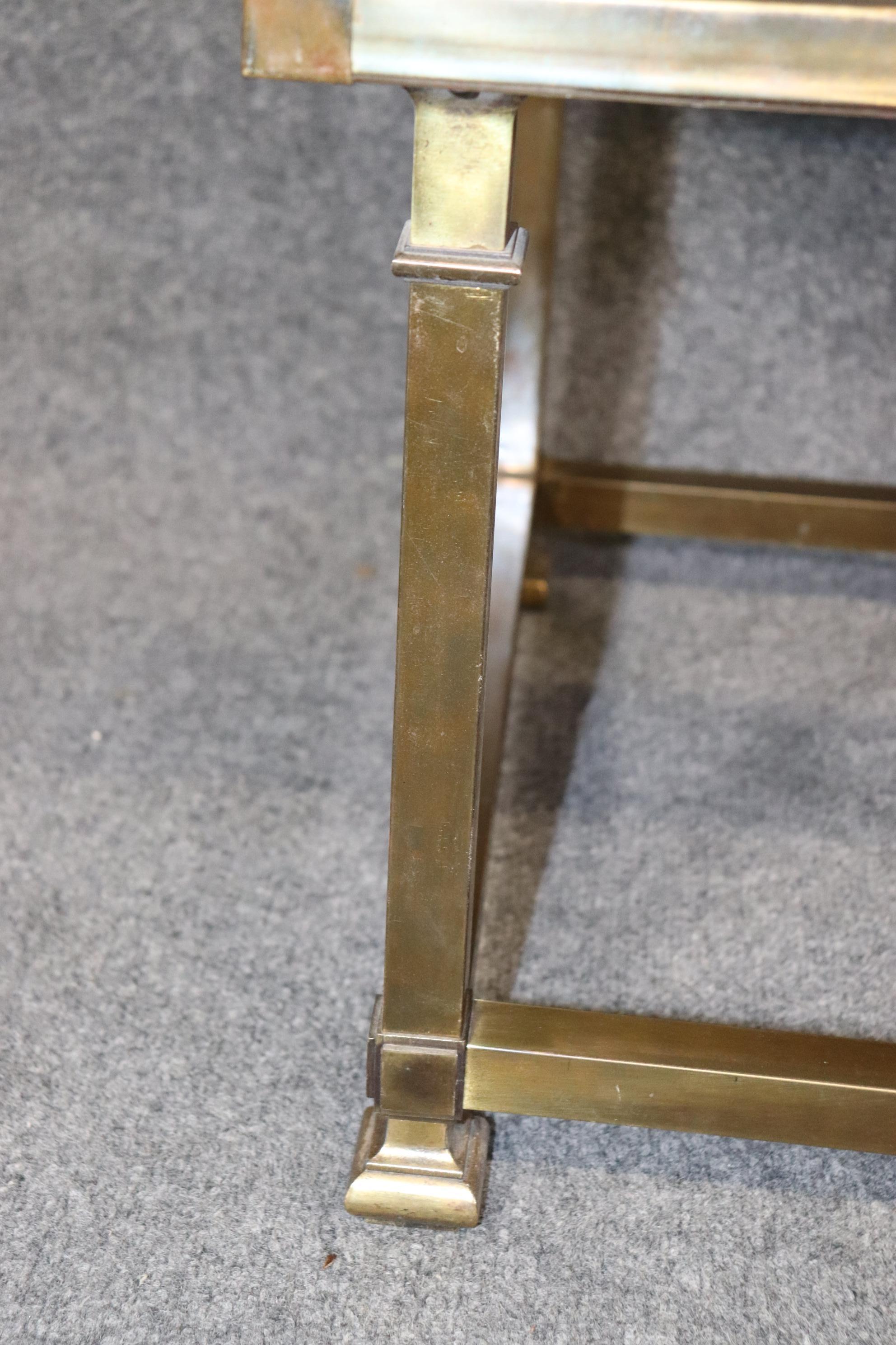Metal Pair of Square Brass And Glass Top Mastercraft End Tables Side Tables For Sale