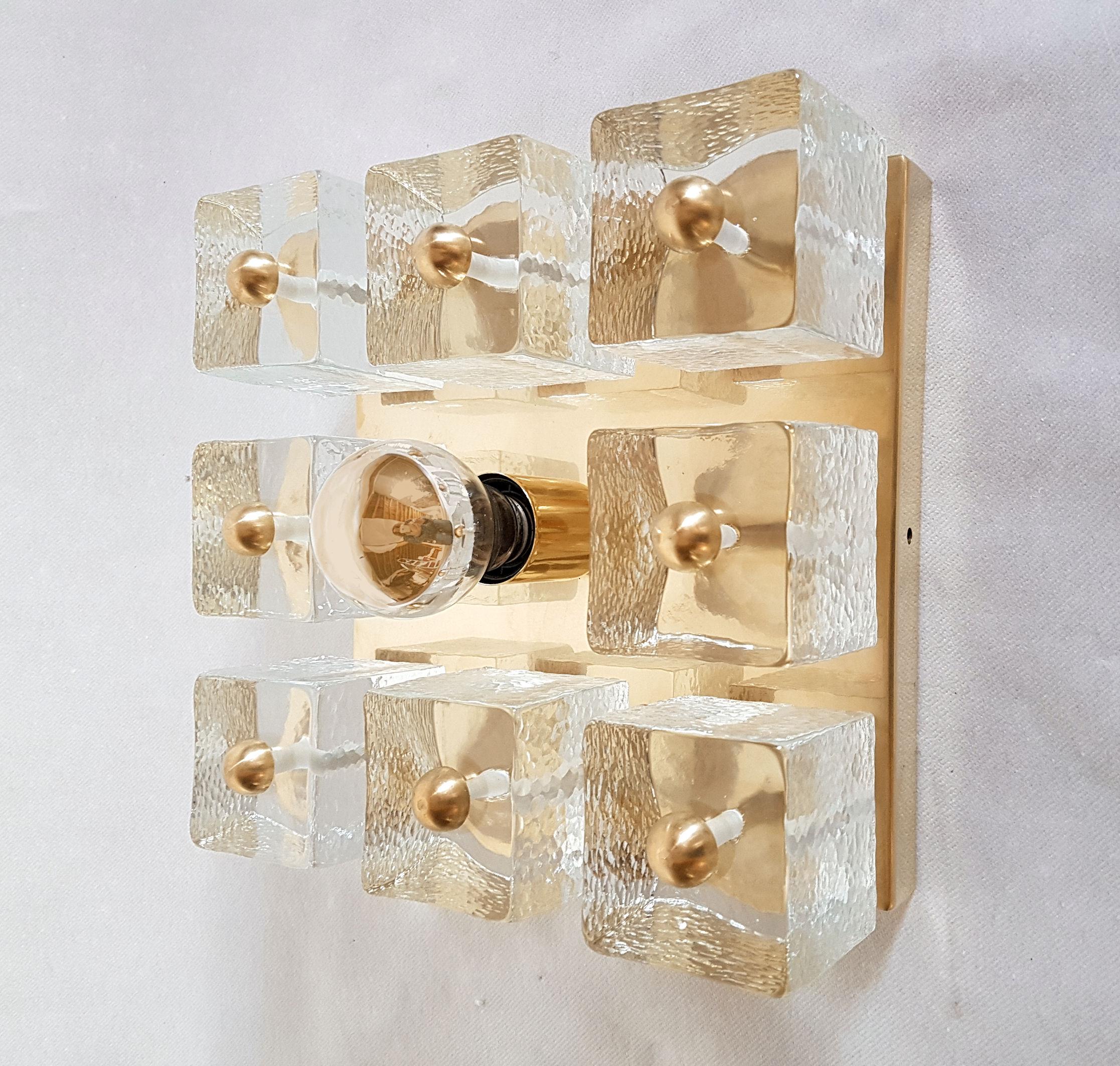 Polished Pair of Square Brass/Murano Glass Sconces or Flush Mounts, Mid-Century Modern