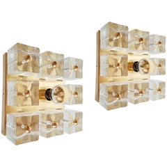 Pair of Square Brass/Murano Glass Sconces or Flush Mounts, Mid-Century Modern