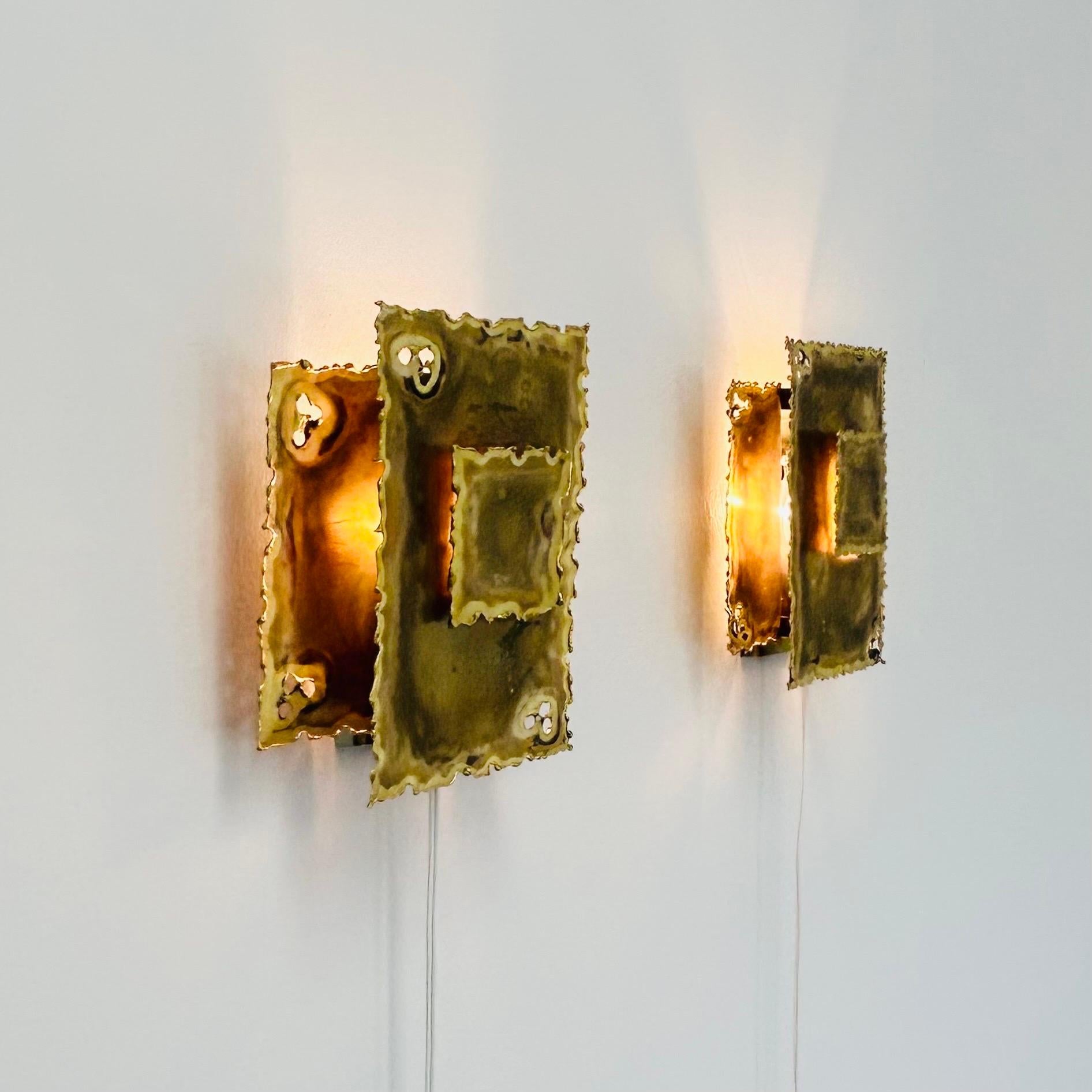 Brutalist Pair of Square Brass Wall Lamps by Svend Aage Holm Sorensen, 1960s, Denmark