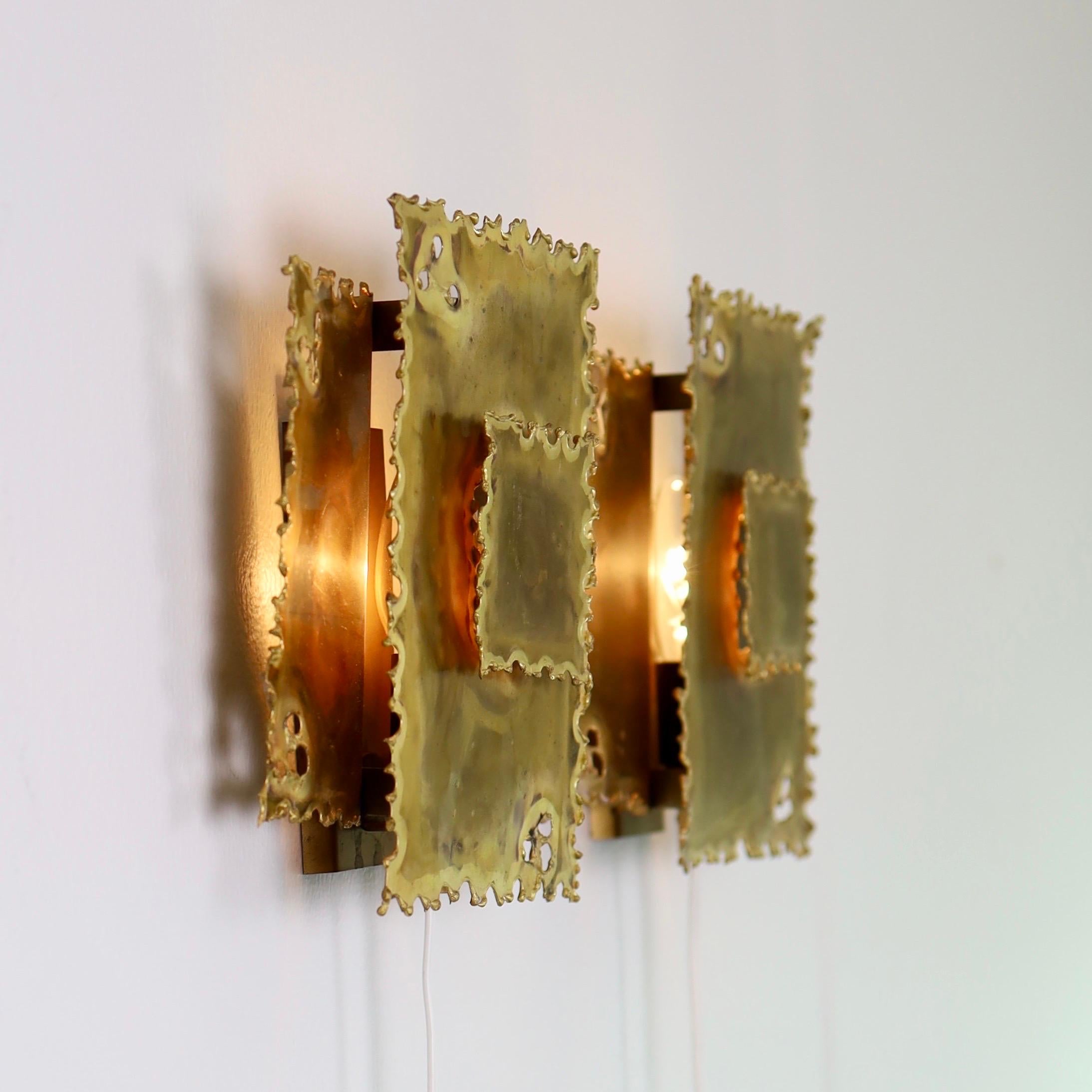 Brutalist Pair of Square Brass Wall Lamps by Svend Aage Holm Sorensen, 1960s, Denmark For Sale
