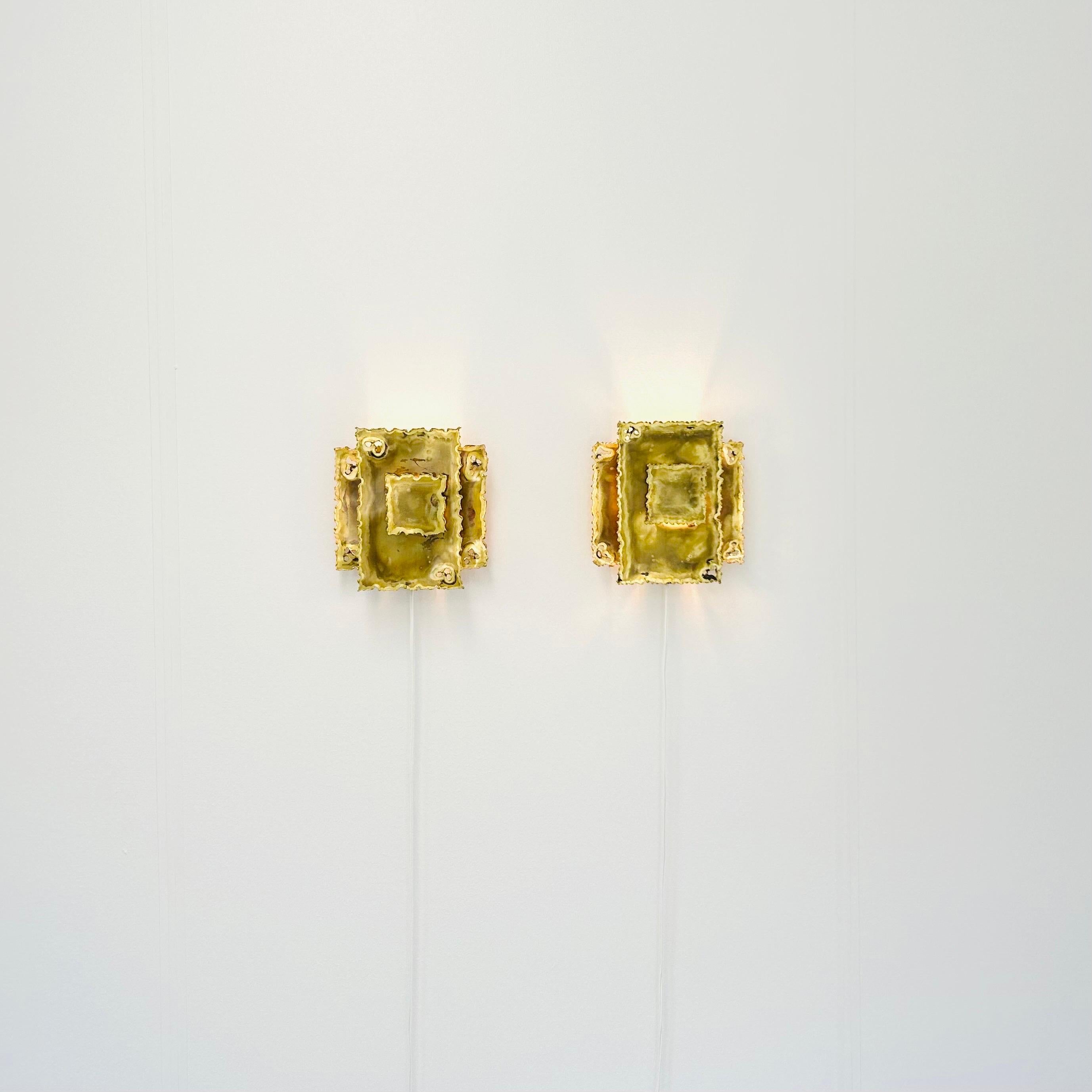 Pair of Square Brass Wall Lamps by Svend Aage Holm Sorensen, 1960s, Denmark In Good Condition In Værløse, DK
