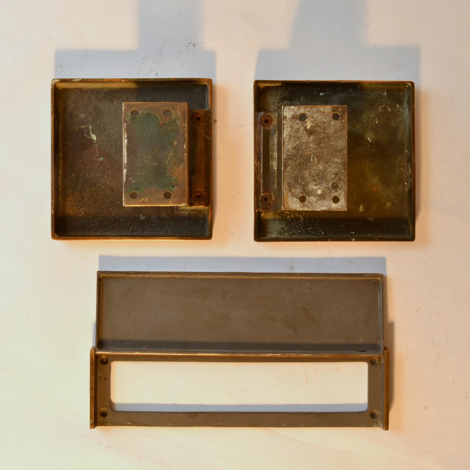 Unknown Architectural Pair of Square Bronze Push and Pull Door Handles and Letterbox For Sale