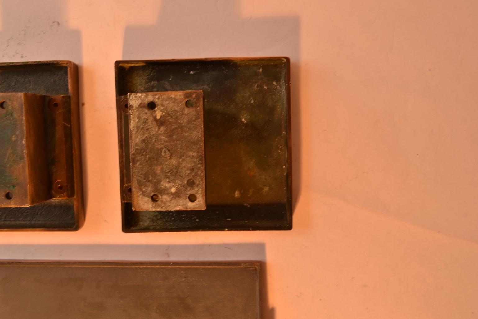 Late 20th Century Architectural Pair of Square Bronze Push and Pull Door Handles and Letterbox For Sale