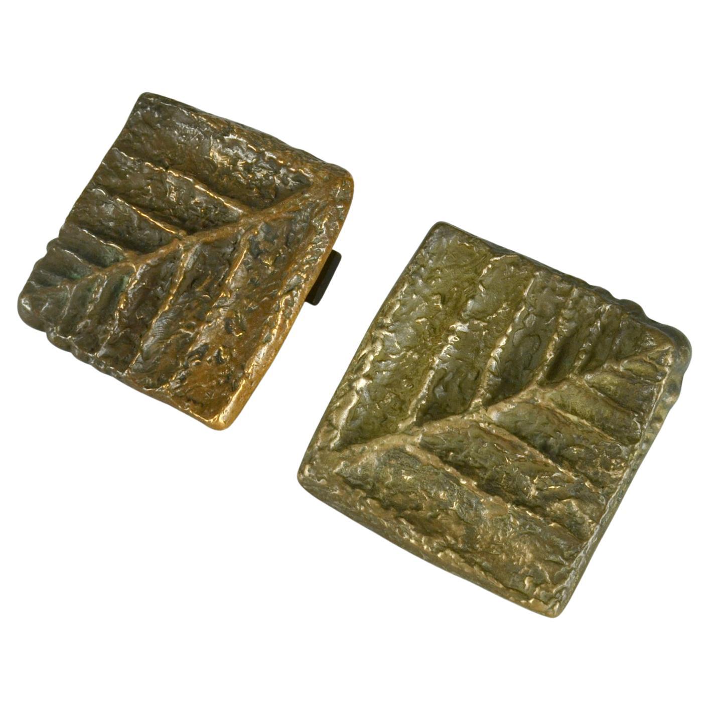 Brutalist Architectural Pair of Square Bronze Push Pull Door Handles with Nature Relief For Sale