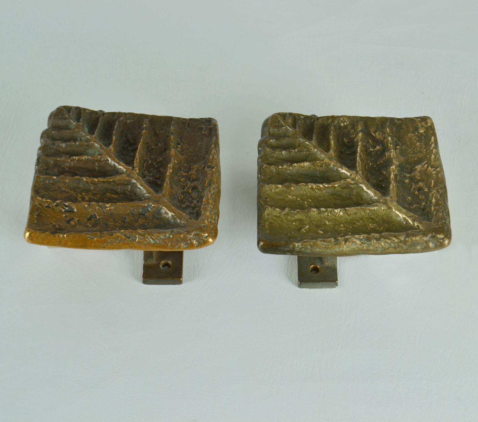 Cast Architectural Pair of Square Bronze Push Pull Door Handles with Nature Relief For Sale