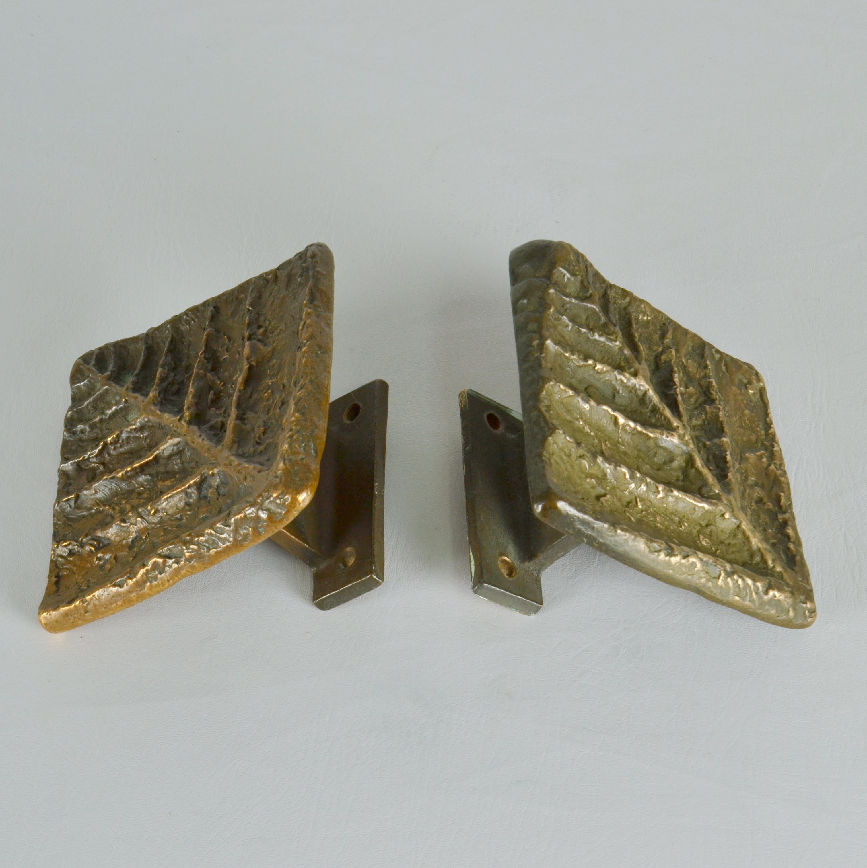 Late 20th Century Architectural Pair of Square Bronze Push Pull Door Handles with Nature Relief For Sale