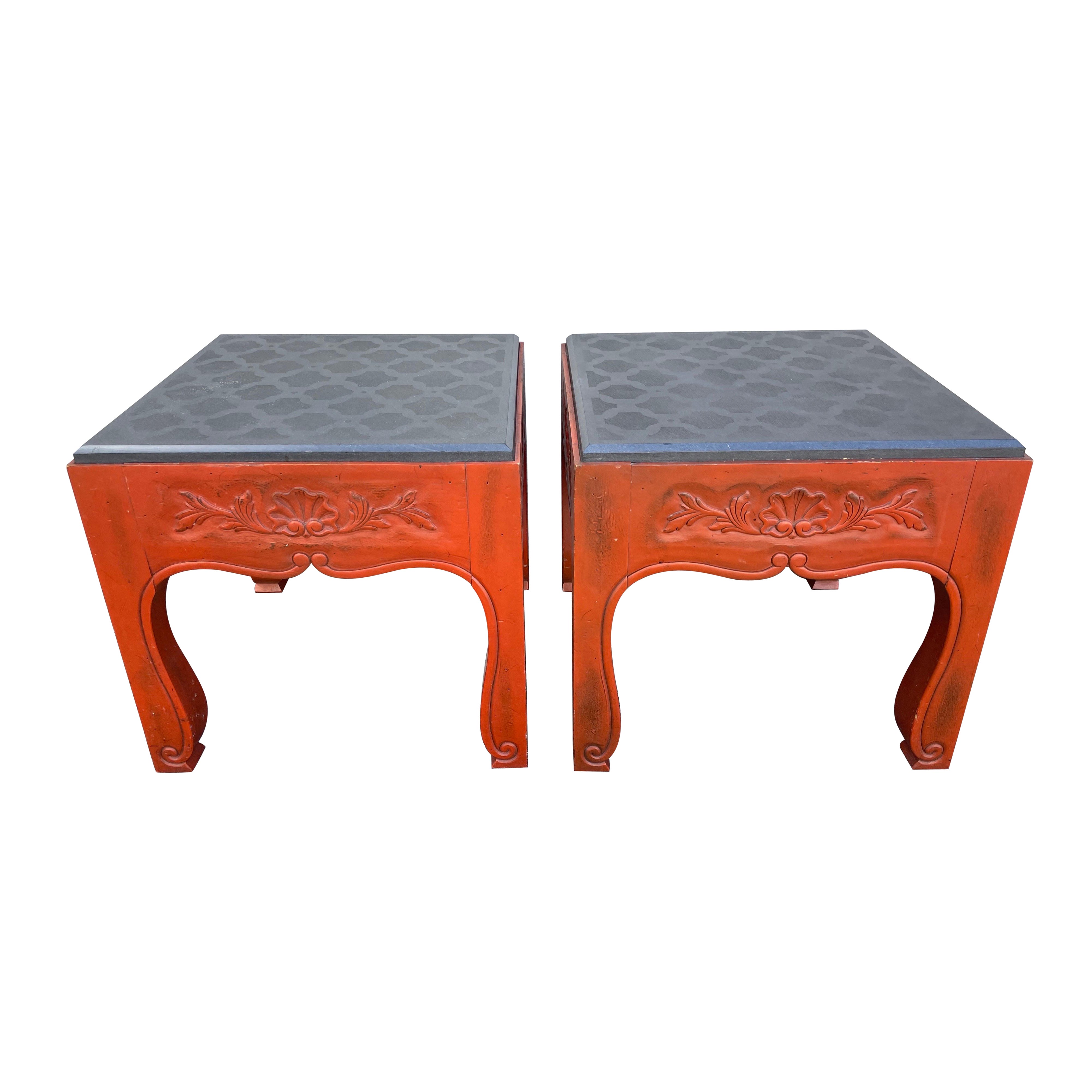 Pair of Square Carved & Painted Wood Tables with Slate Tops