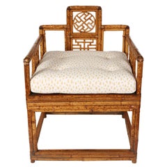 Pair of Square Chinese Bamboo Chairs With New Tufted Cushions