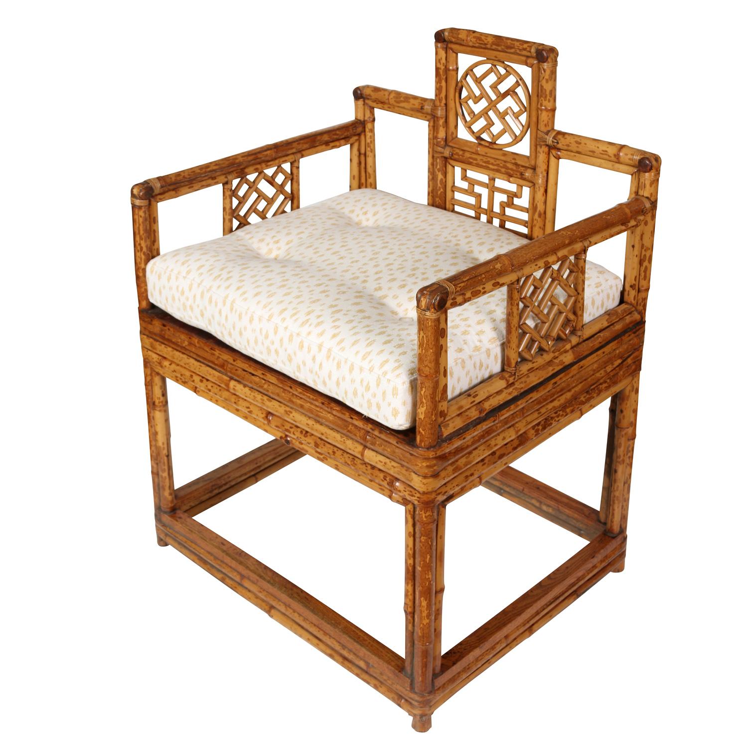 Pair of Square Chinese Bamboo Chairs With New Tufted Cushions In Good Condition For Sale In Locust Valley, NY