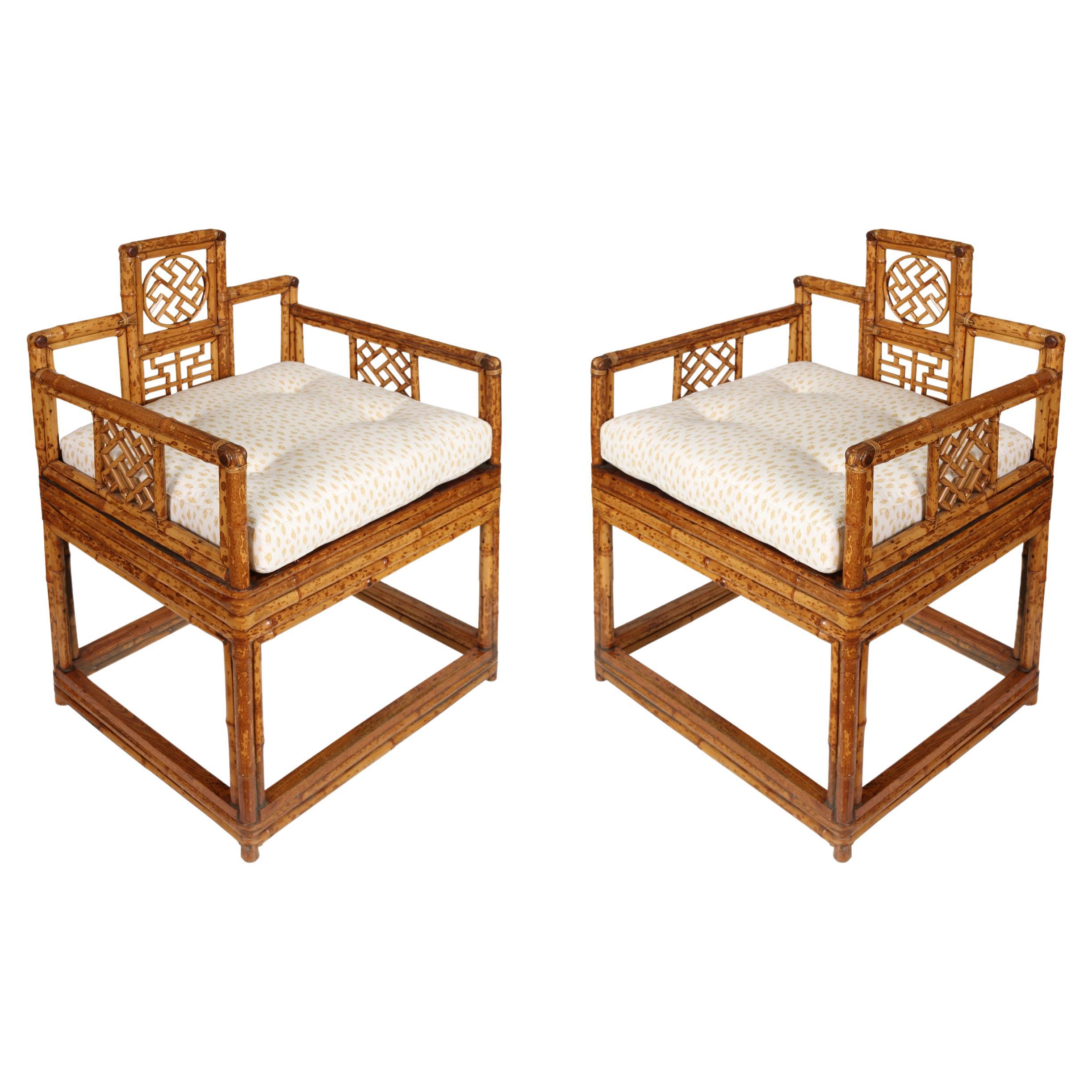 Pair of Square Chinese Bamboo Chairs With New Tufted Cushions For Sale